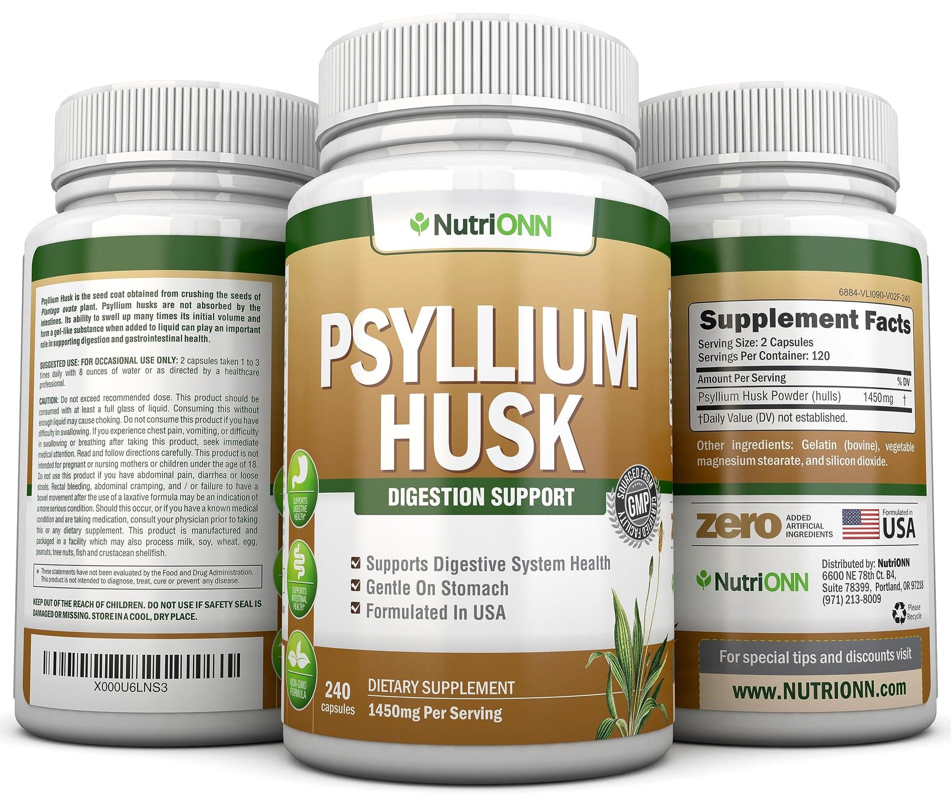NutriONN PSYLLIUM Husk Capsules - 1450mg Per Serving - 240 Capsules - Double Strength NutriONN