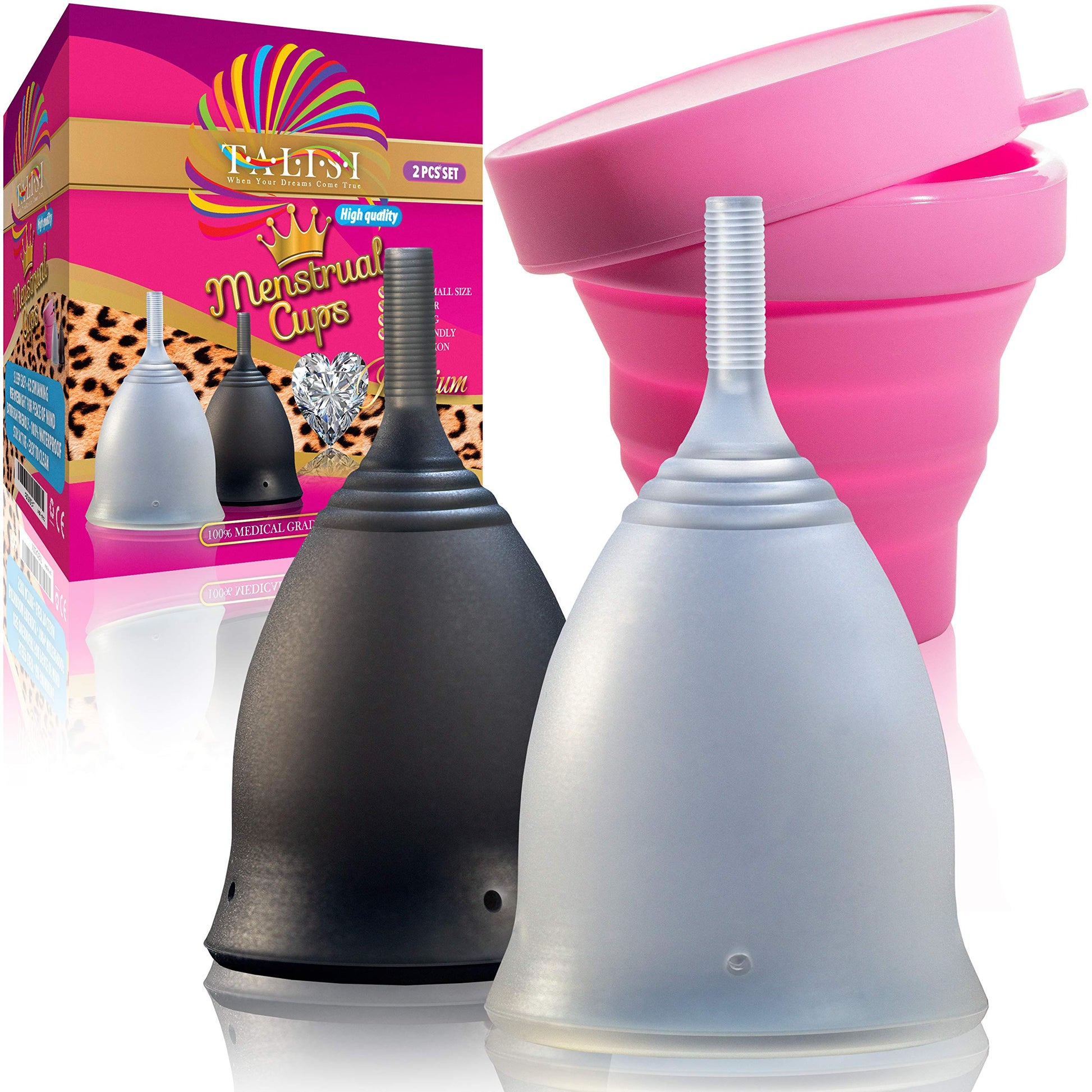 Talisi Soft Menstrual Cups Set of 2 - Reusable Period Cup for Women with Collapsible Case Holder Sterilizer