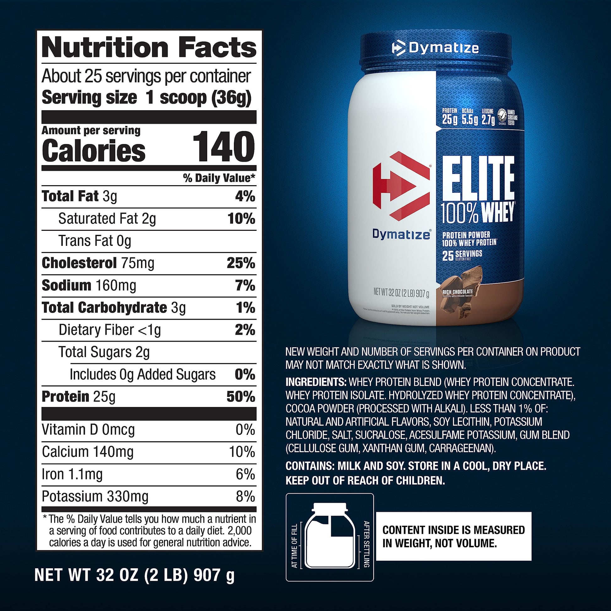 Dymatize Elite 100% Whey Protein Powder, 25g Protein, 5.5g BCAAs & 2.7g L-Leucine Dymatize