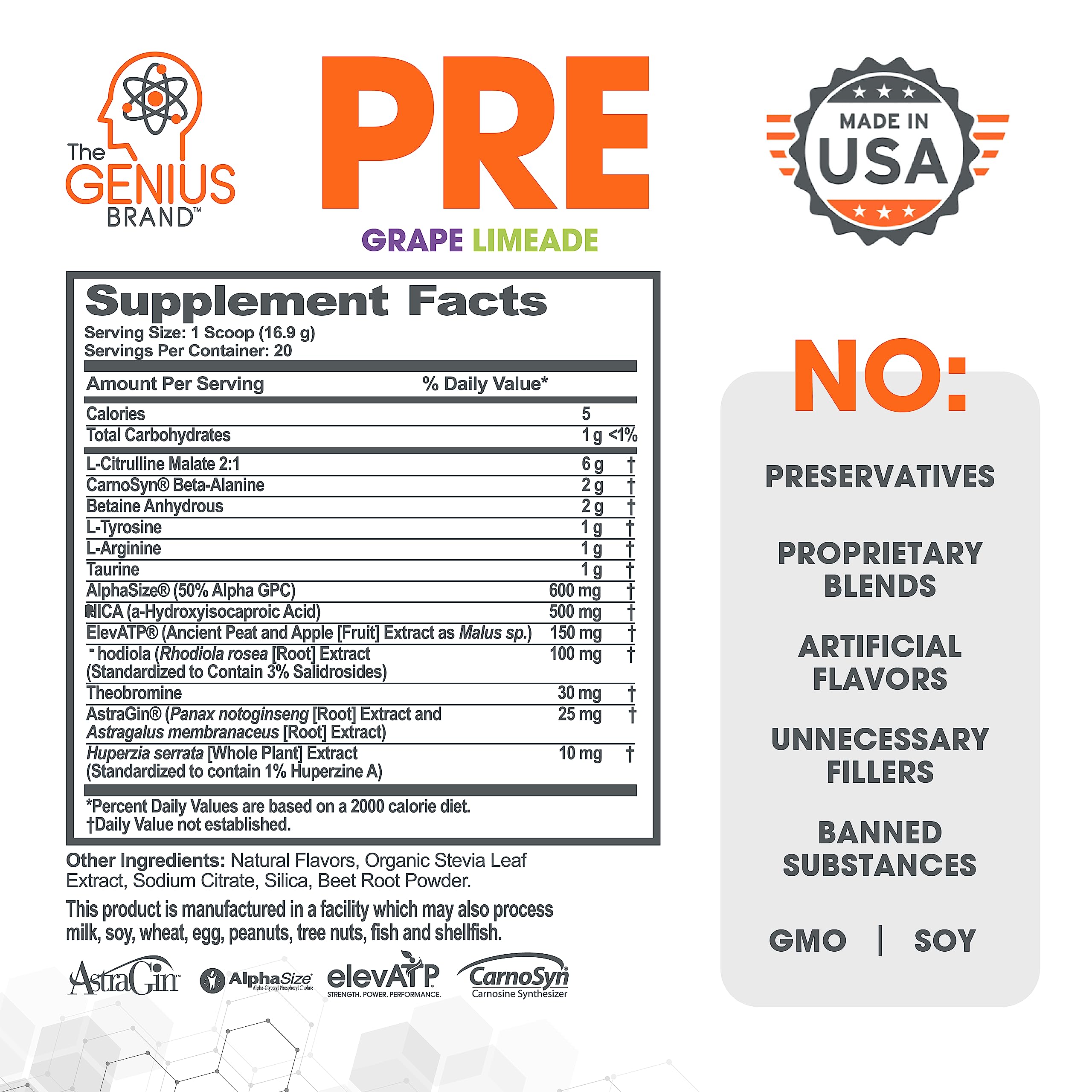 Genius Pre Workout Powder, Grape Limeade - All-Natural Nootropic Pre-workout The Genius Brand