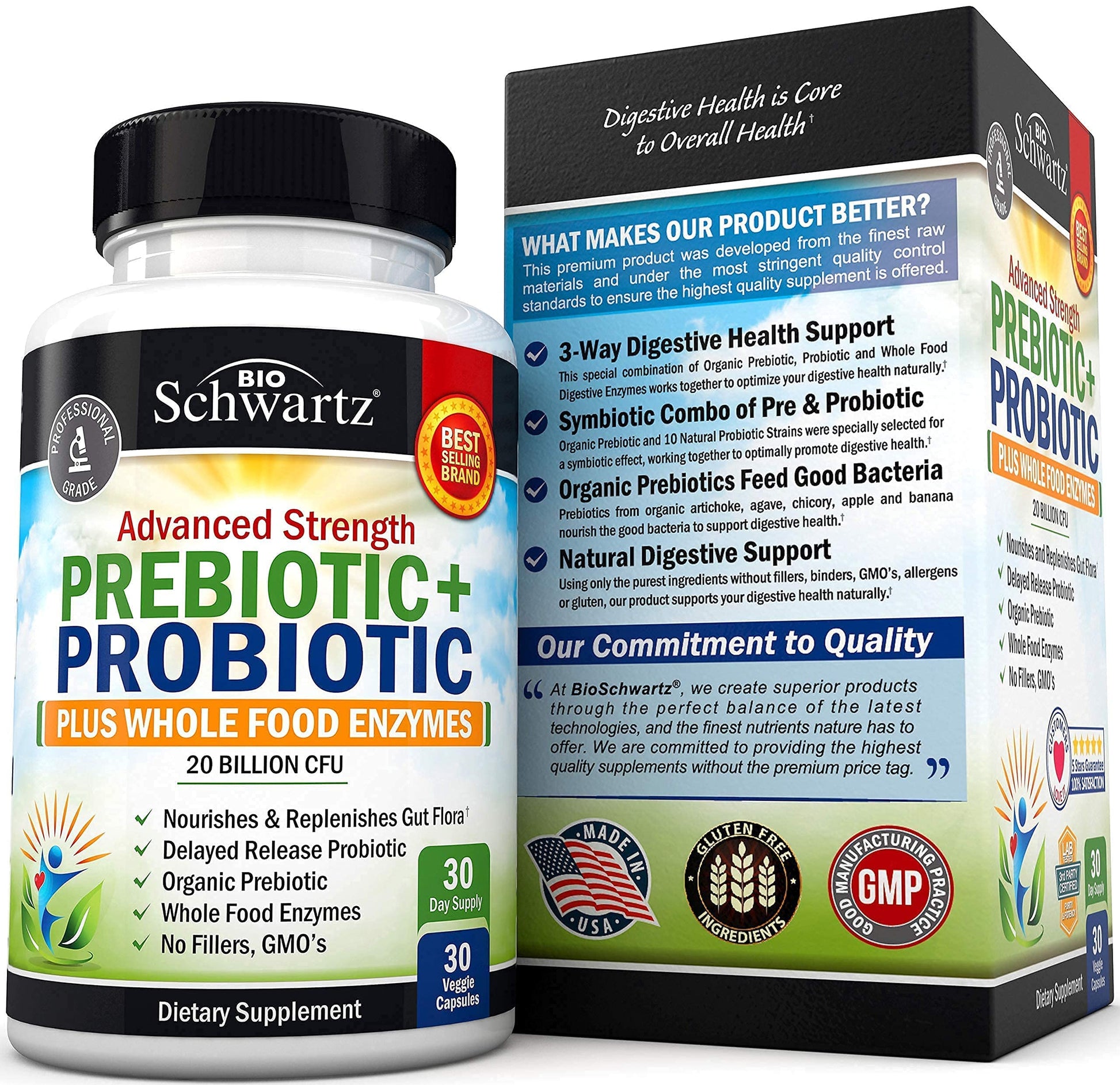Probiotic & Prebiotic Digestive Health Capsules - 30ct, Gluten & Dairy Free, Non-GMO BioSchwartz
