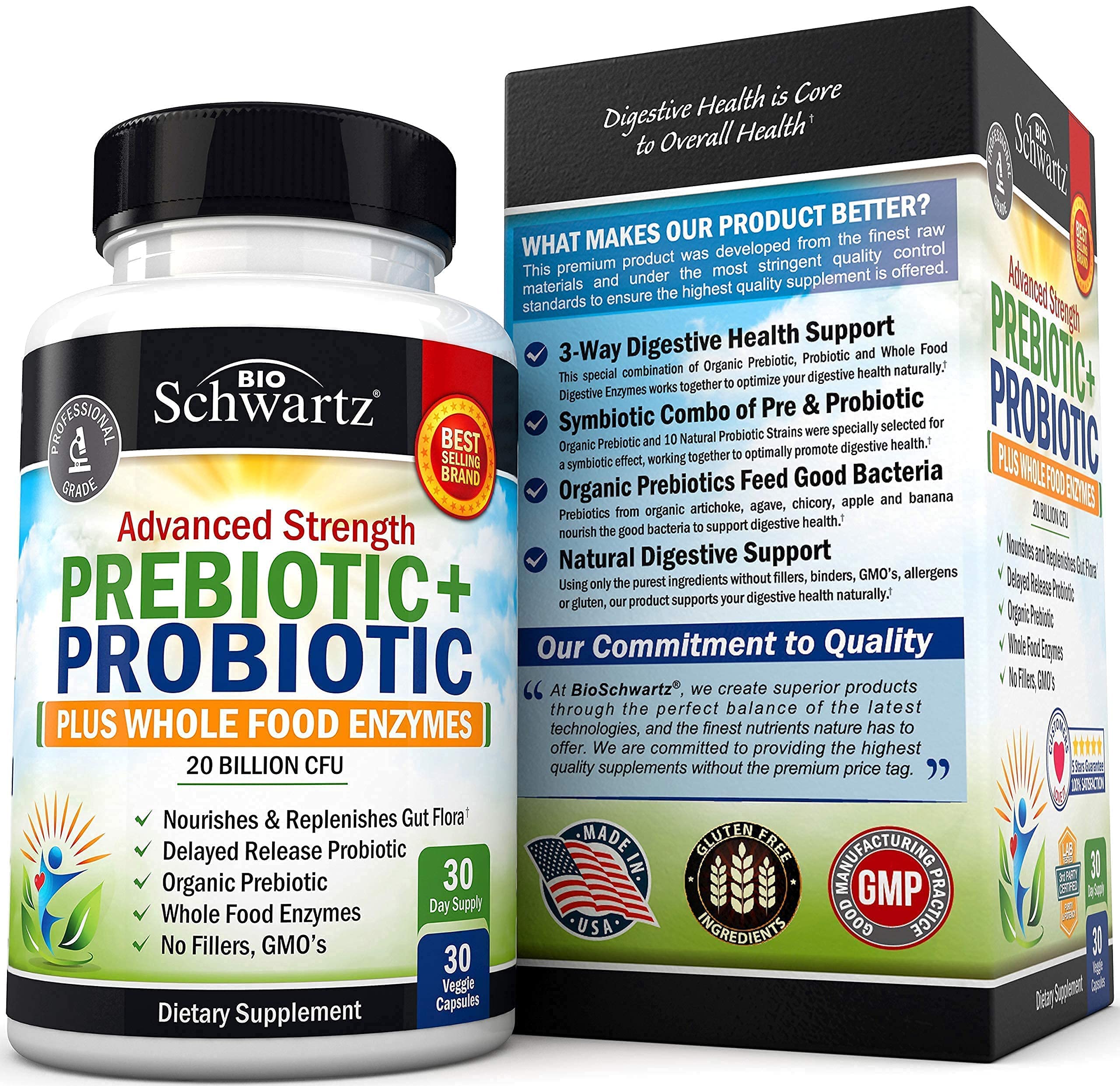 Probiotic & Prebiotic Digestive Health Capsules - 30ct, Gluten & Dairy Free, Non-GMO BioSchwartz