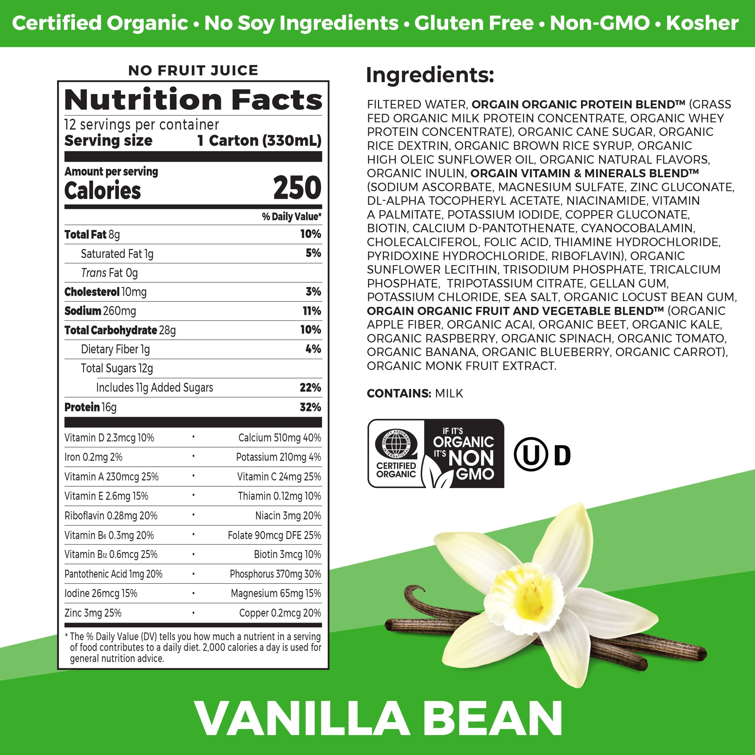 Orgain Organic Nutritional Protein Shake, Vanilla Bean - 16g Grass Fed Whey Protein Orgain