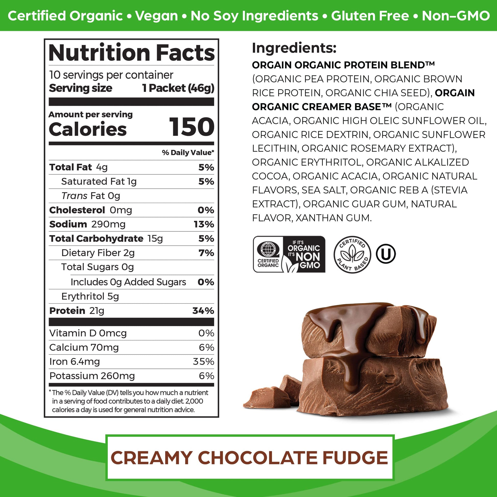 Orgain Organic Vegan Protein Powder, Chocolate Fudge - 21g Plant Based Protein, Gluten Orgain
