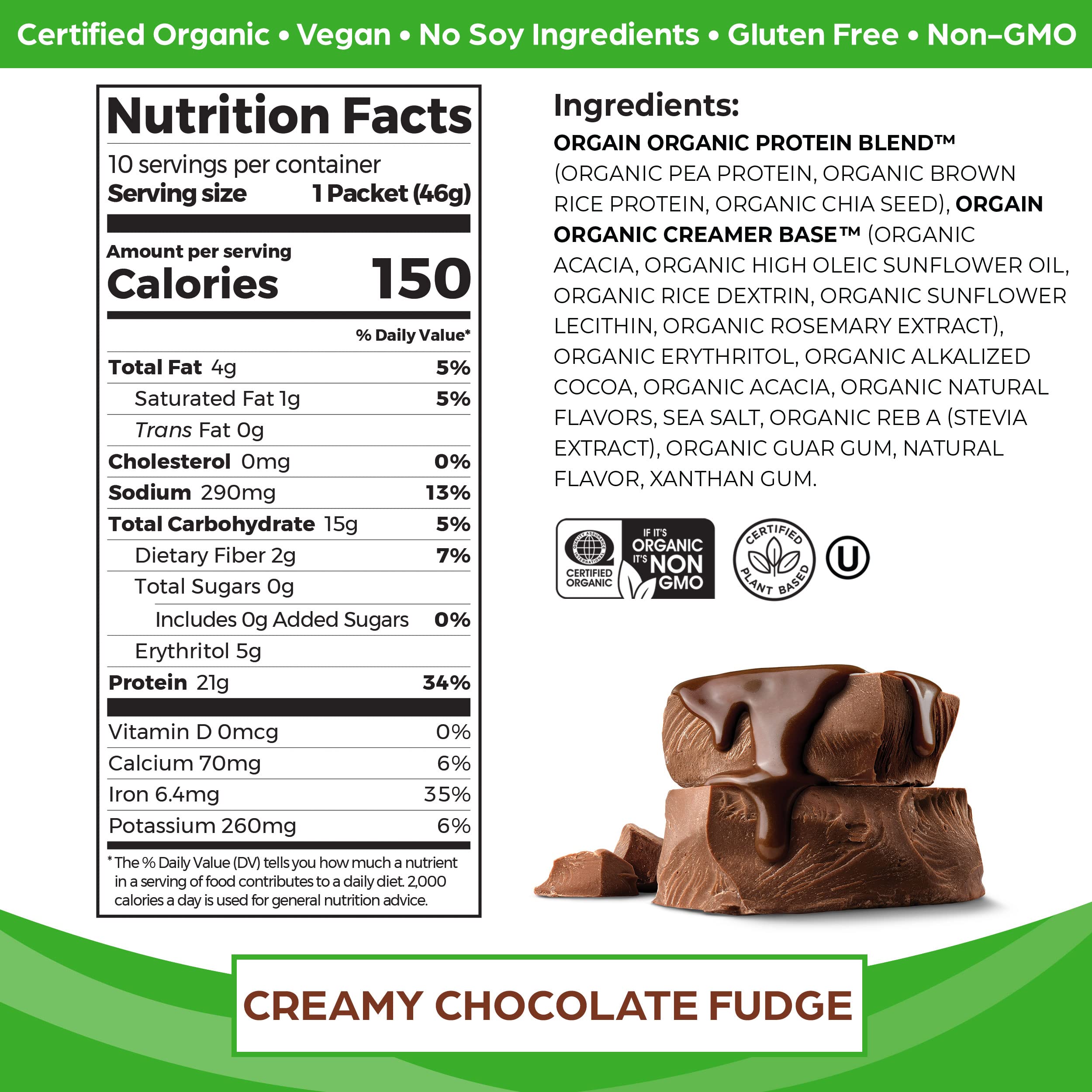 Orgain Organic Vegan Protein Powder, Chocolate Fudge - 21g Plant Based Protein, Gluten Orgain