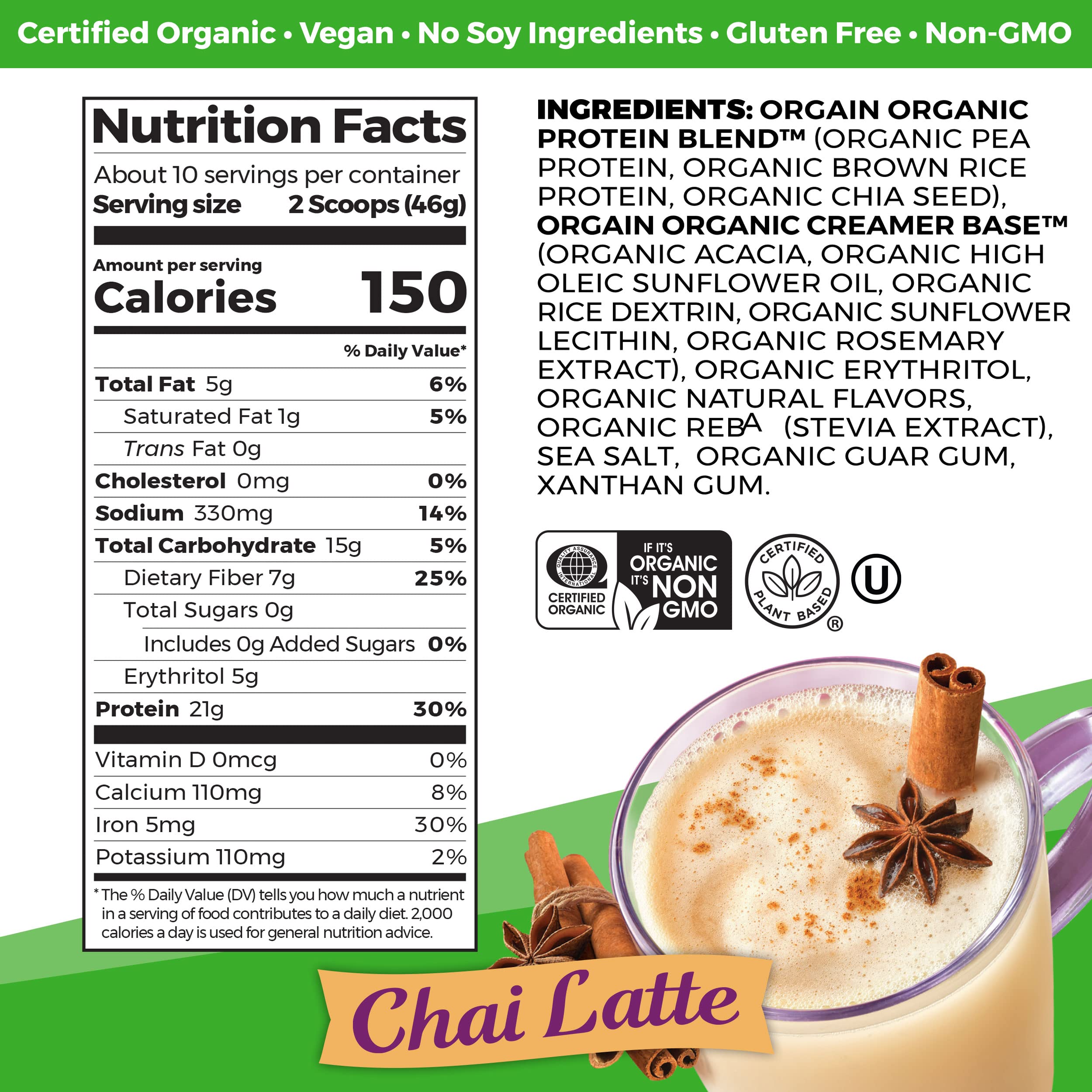 Orgain Organic Vegan Protein Powder, Chai Latte - 21g Plant Based Protein, Gluten Free Orgain