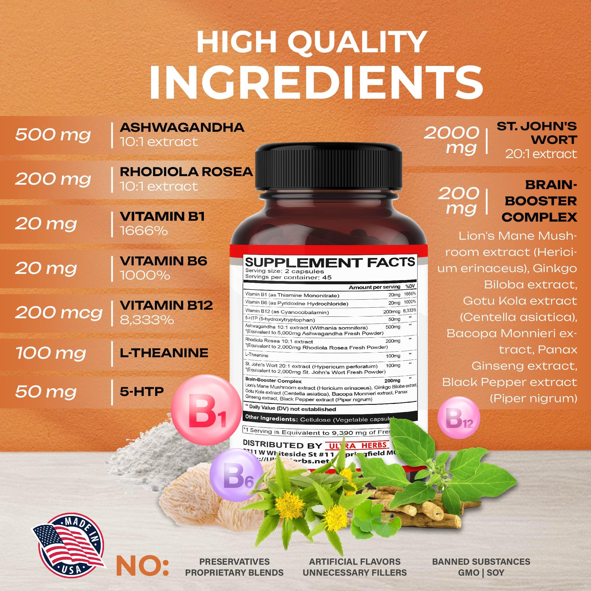 Dopamine Focus Supplement Ashwagandha 5000mg 5-HTP 50mg Rhodiola Rosea 2000mg ULTRA HERBS