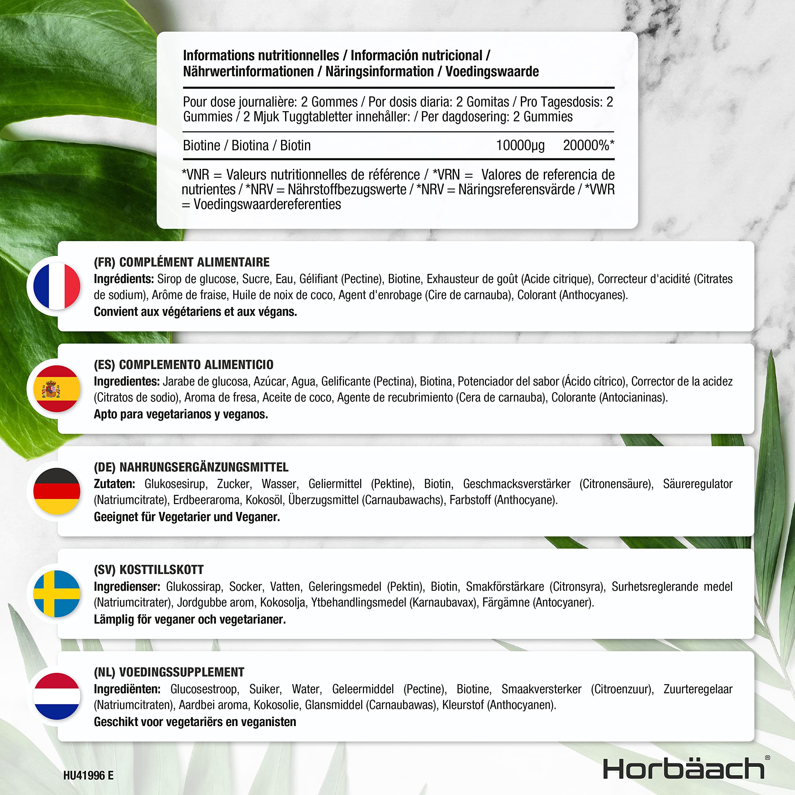 Biotin Gummies 10,000mcg | 90 Vegan Vitamins | Natural Strawberry Flavour Horbäach