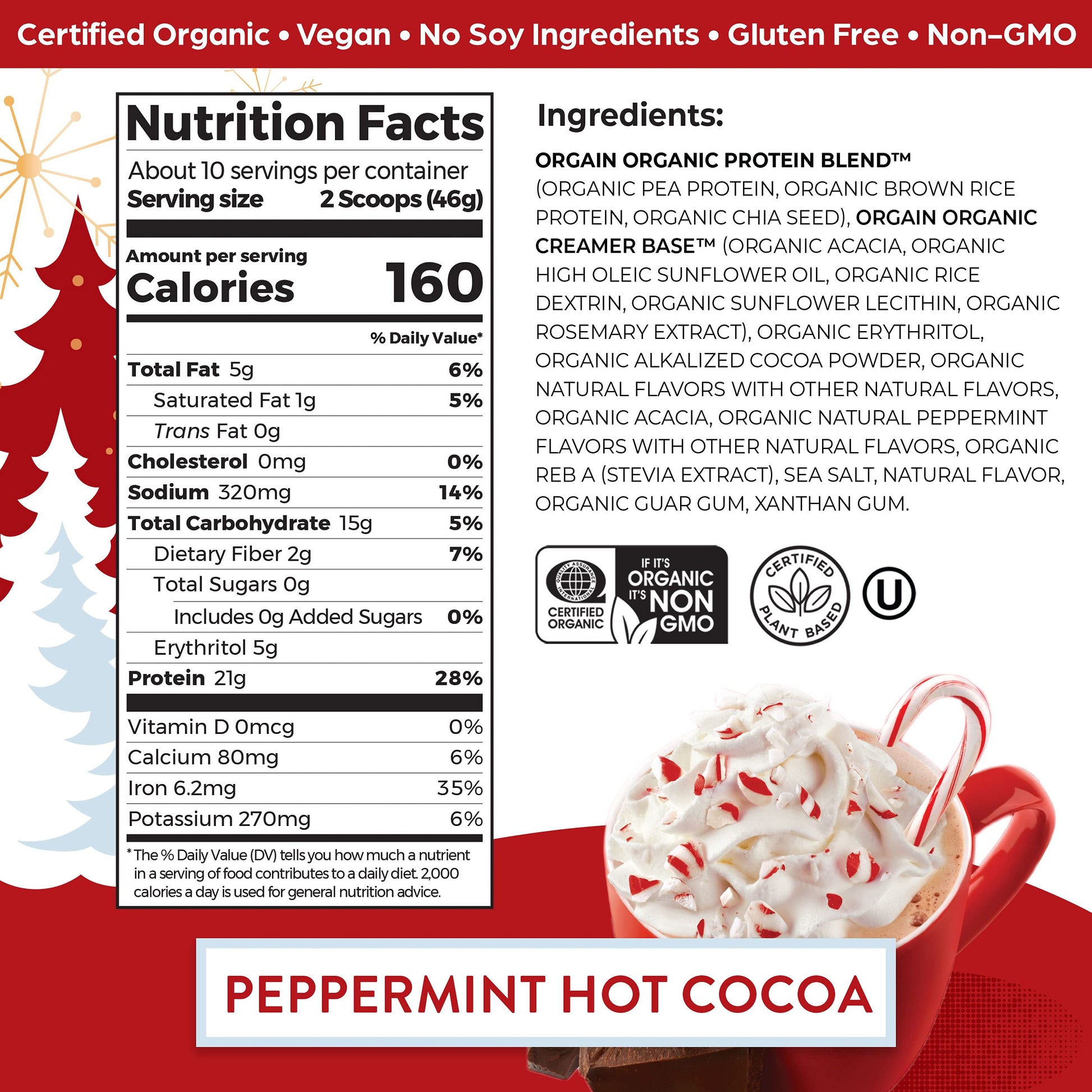 Orgain Organic Vegan Protein Powder, Peppermint Hot Cocoa Seasonal Holiday Flavor Orgain