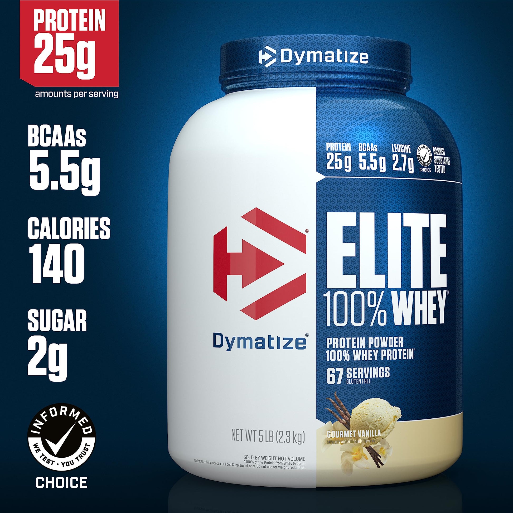 Dymatize Elite 100% Whey Protein Powder, 25g Protein, 5.5g BCAAs & 2.7g L-Leucine Dymatize