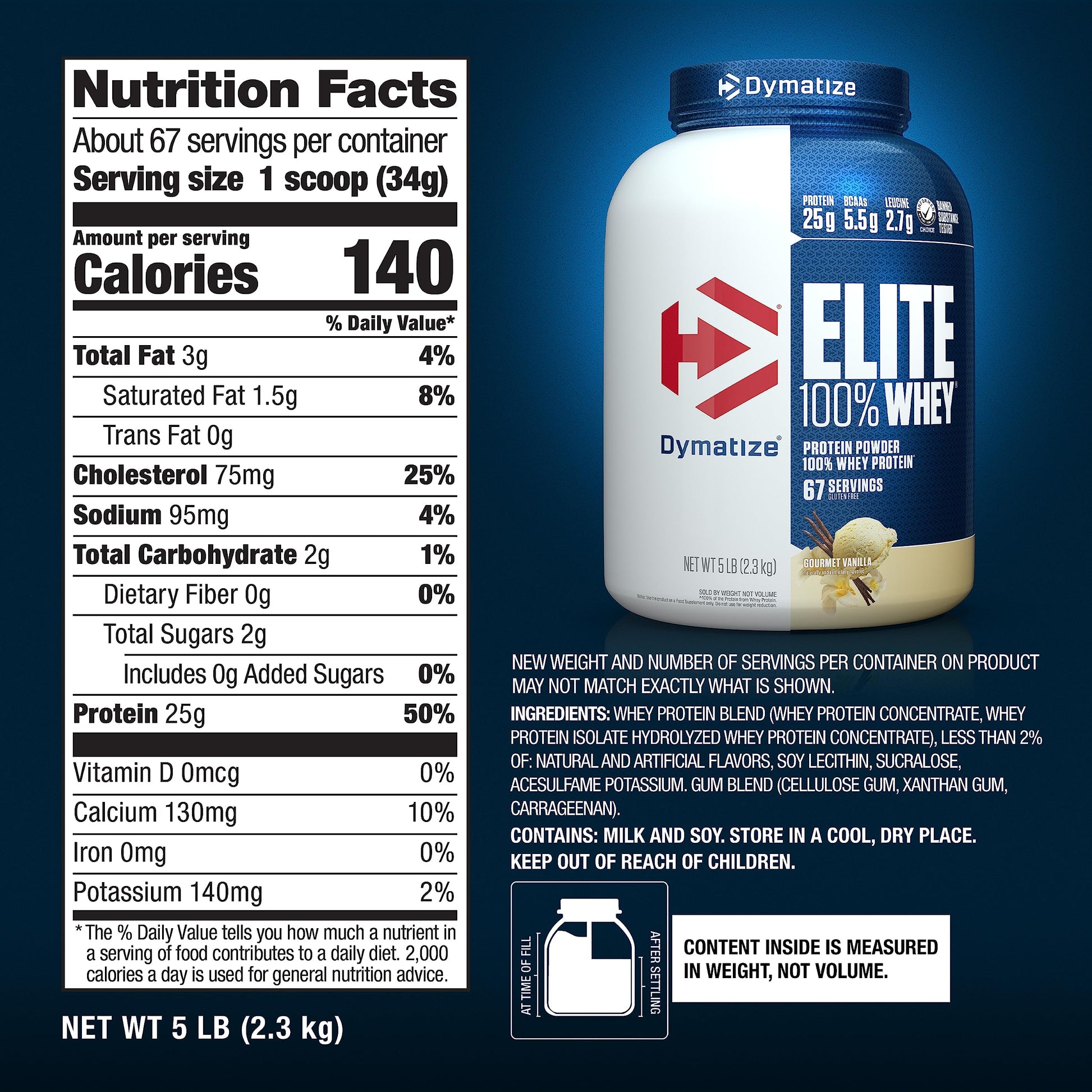 Dymatize Elite 100% Whey Protein Powder, 25g Protein, 5.5g BCAAs & 2.7g L-Leucine Dymatize