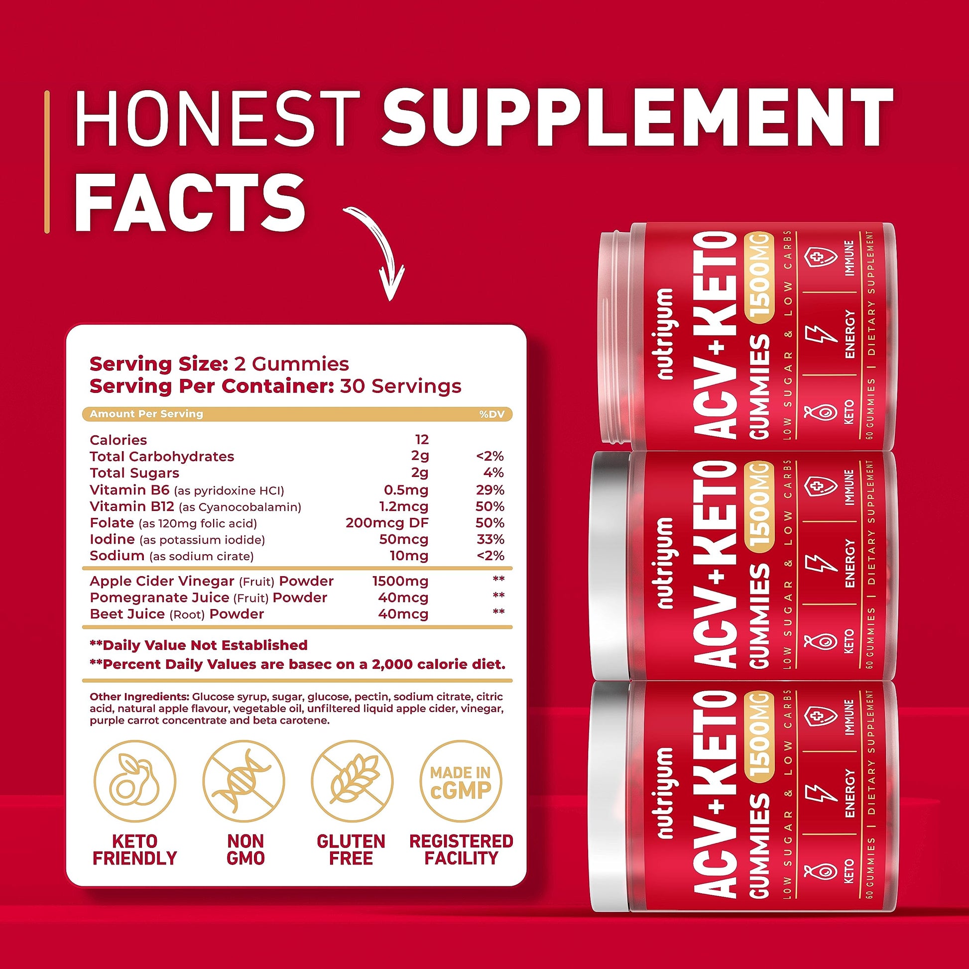 Keto ACV Gummies 1500 mg - Gelatin-Free Apple Cider Vinegar Gummies - Low Carbs XELAR