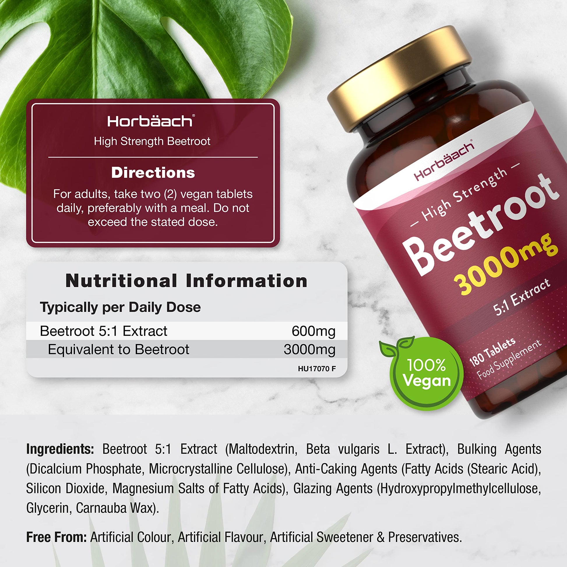 Beetroot Tablets 3000mg | 180 Count | High Strength 5:1 Extract Supplement | Nitric Oxide Horbäach