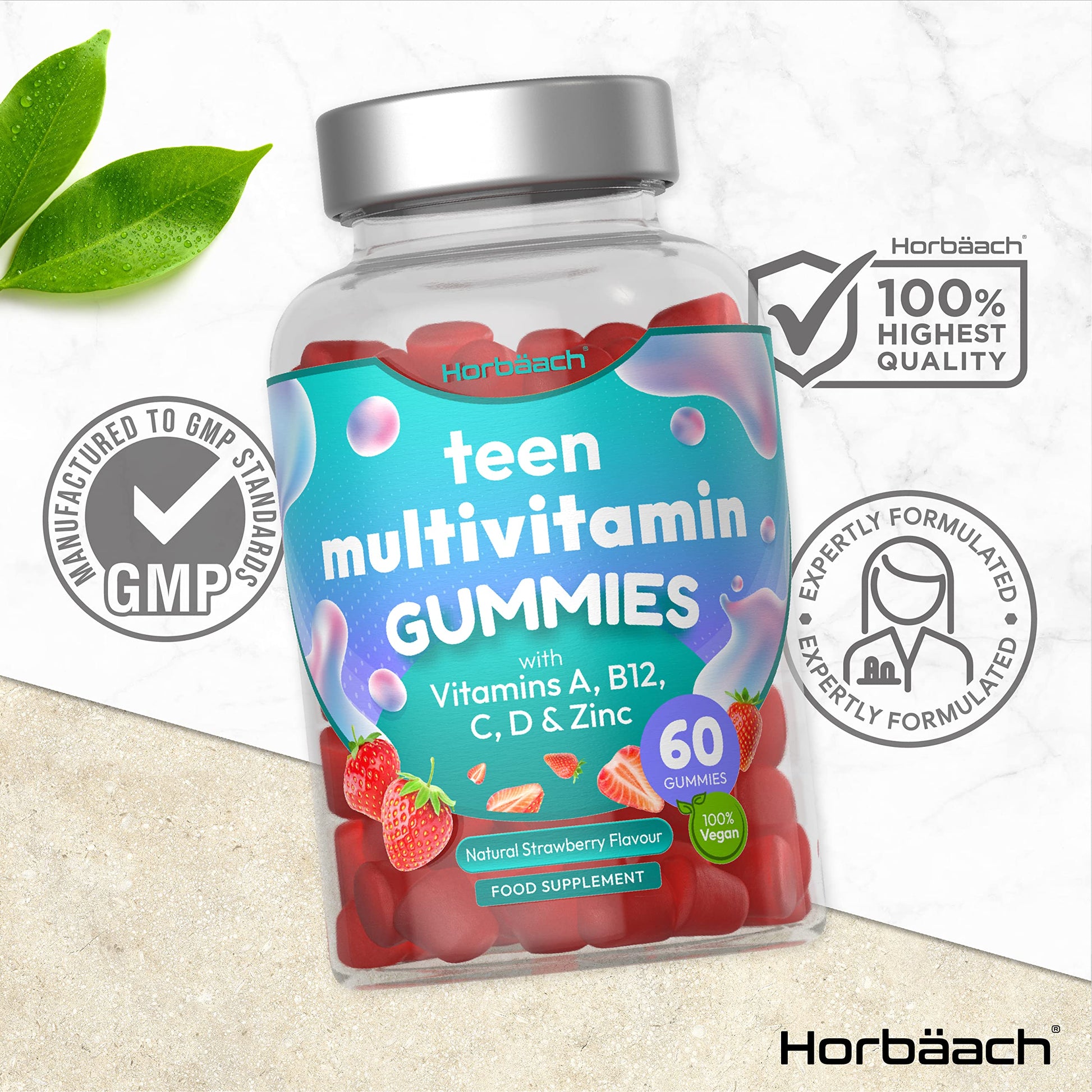 Multivitamins for Teens | 60 Vegan Gummies | 14 Essential Nutrients | with Vitamin A, B12 Horbäach