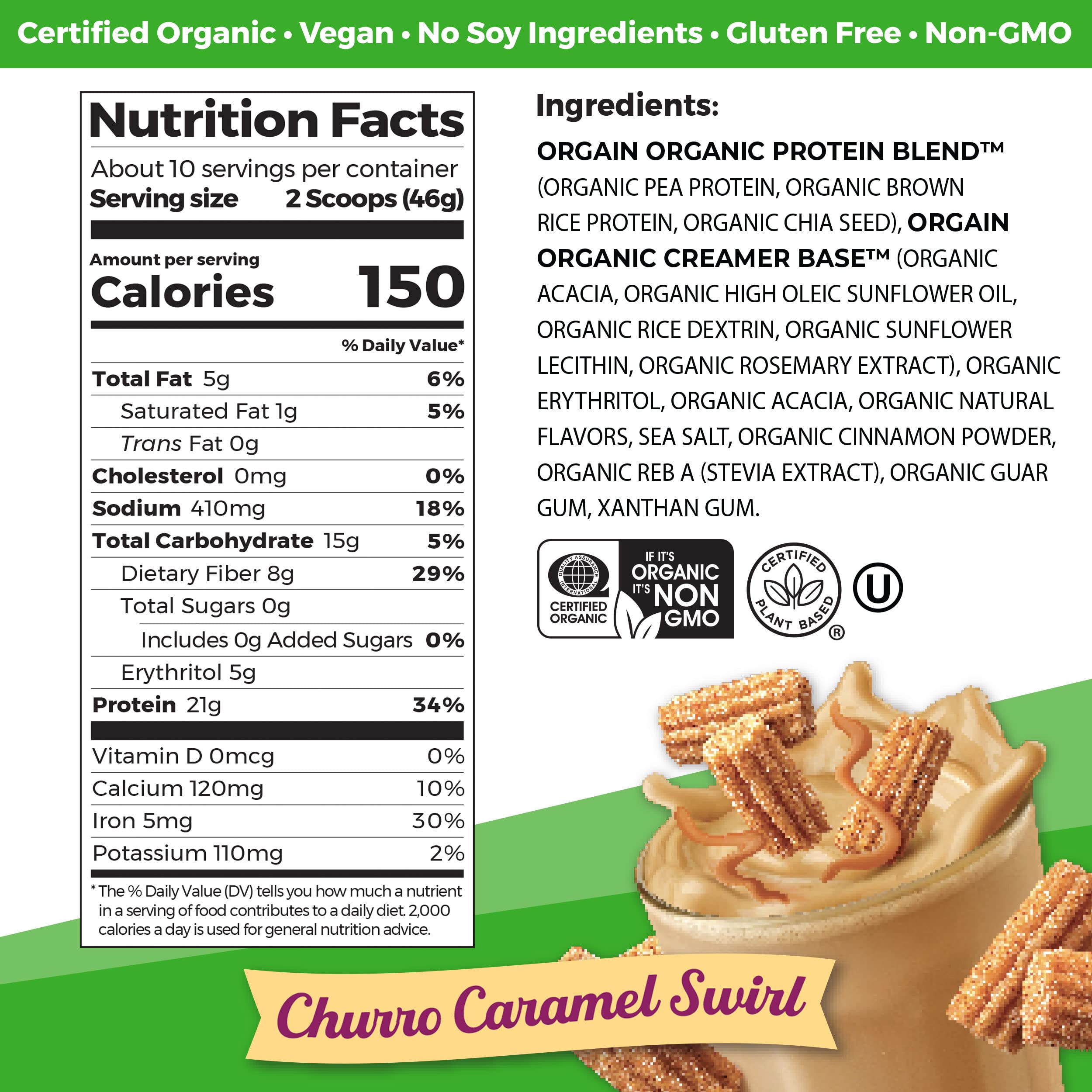 Orgain Organic Vegan Protein Powder, Churro Caramel Swirl - 21g Plant Based Protein Orgain