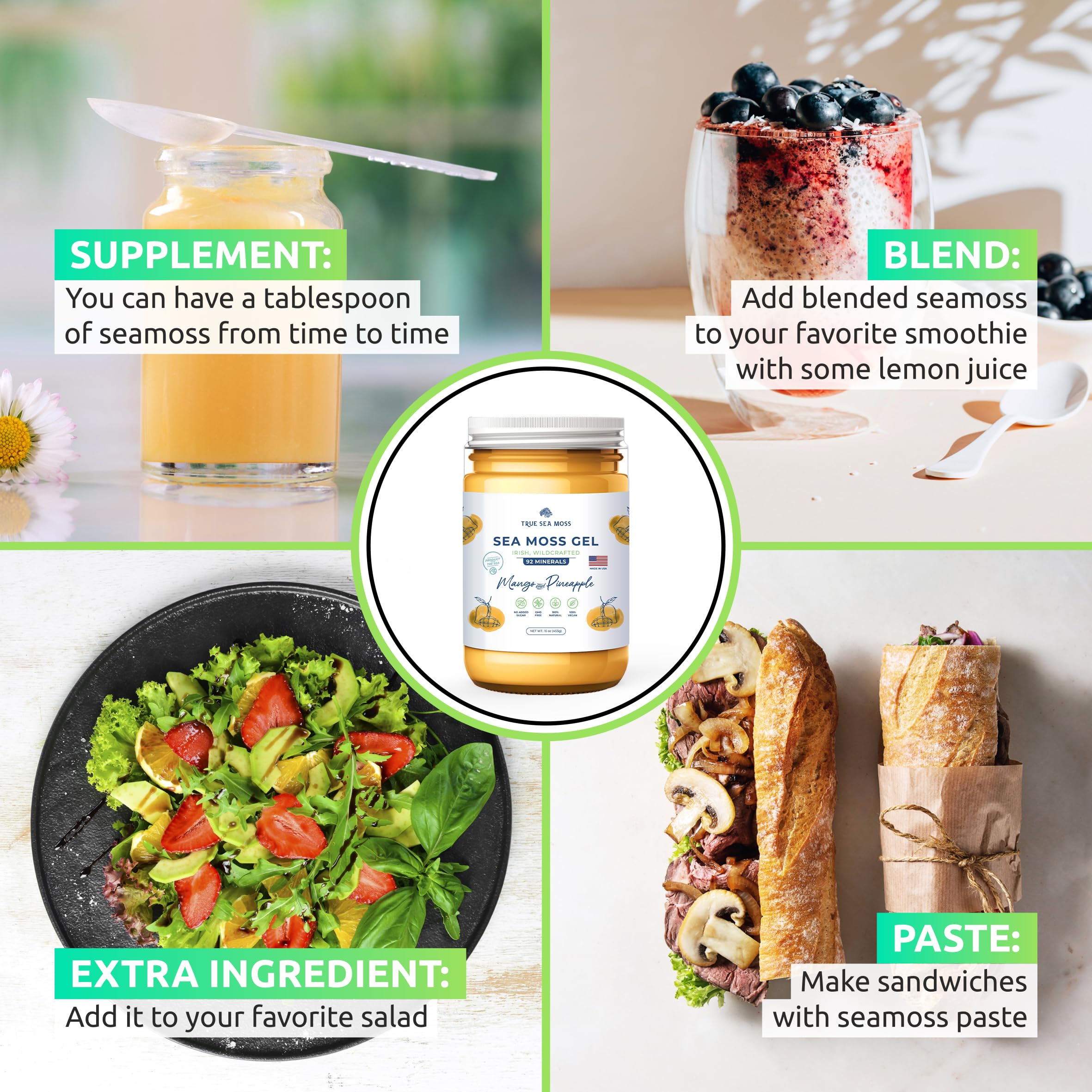 TrueSeaMoss Wildcrafted Irish Sea Moss Gel –7 Flavors- Nutritious Organic Raw TrueSeaMoss