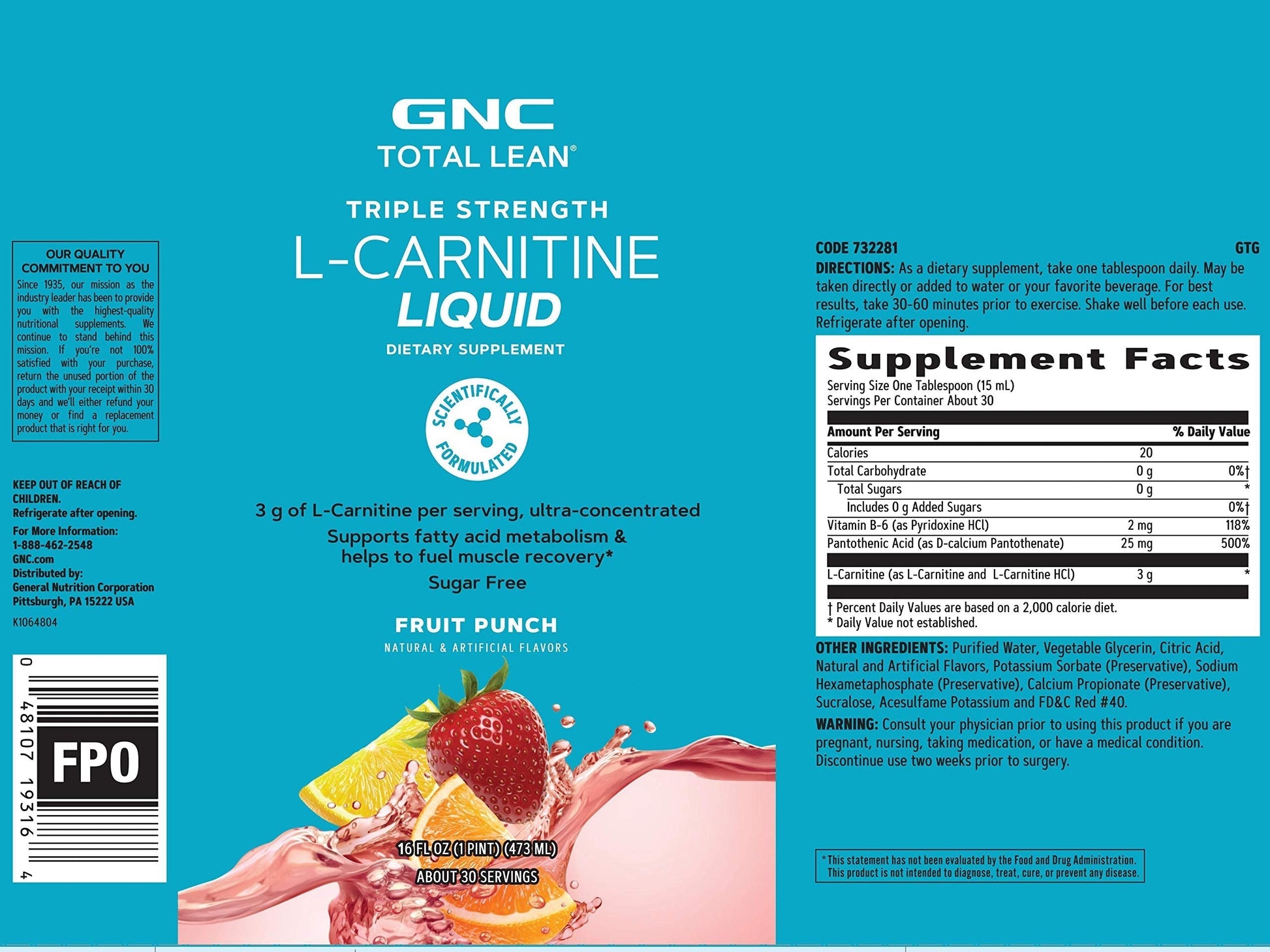 GNC Total Lean Triple Strength L-Carnitine Liquid | Supports Fatty Acid Metabolism GNC