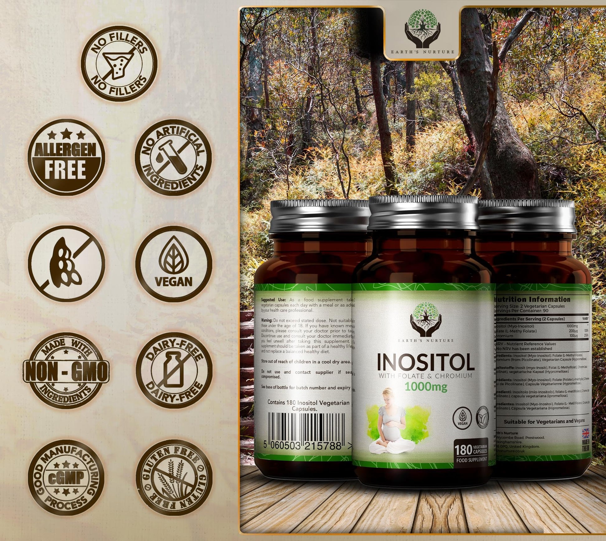 EN Myo-Inositol Chromium & Folate Blend | 1000mg Myo Inositol Per Serving | 180 Vegan Earth's Nurture