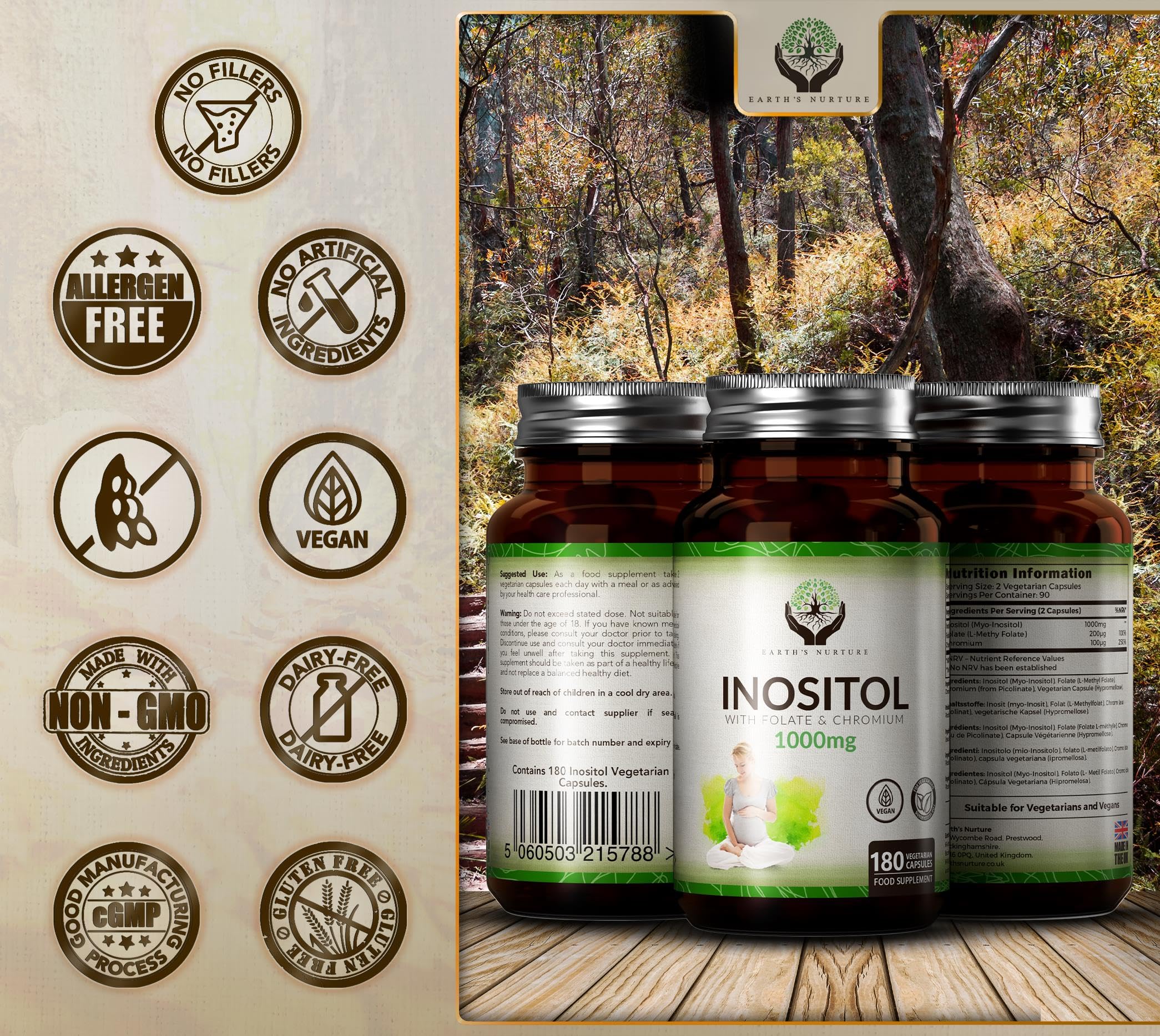 EN Myo-Inositol Chromium & Folate Blend | 1000mg Myo Inositol Per Serving | 180 Vegan Earth's Nurture