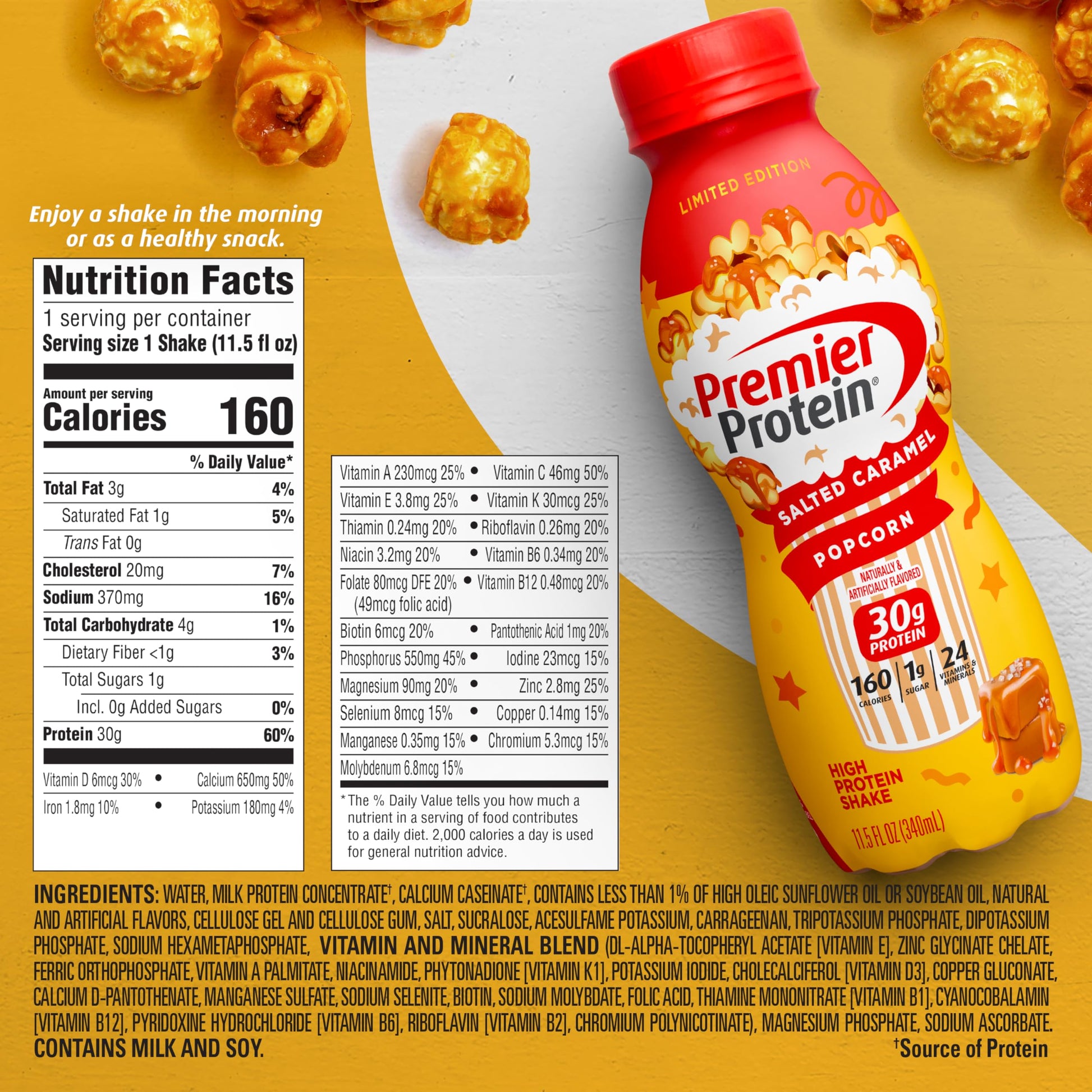 Premier Protein Shake Limited Edition Salted Caramel Popcorn, 30g 1g Sugar 24 Vitamins Premier Protein