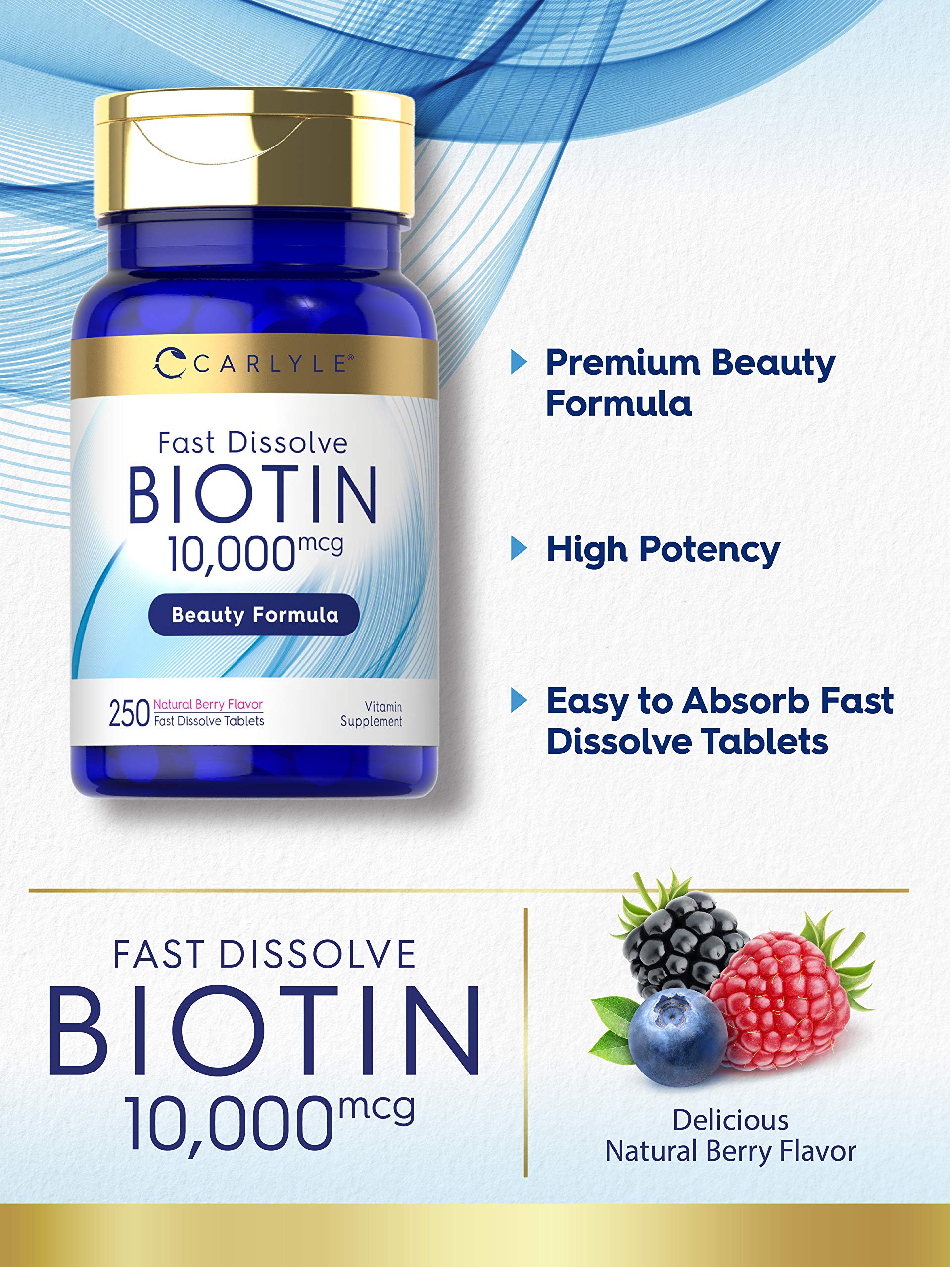 Carlyle Biotin 10000mcg | 250 Fast Dissolve Tablets | Max Strength | Vegetarian, Non-GMO Carlyle