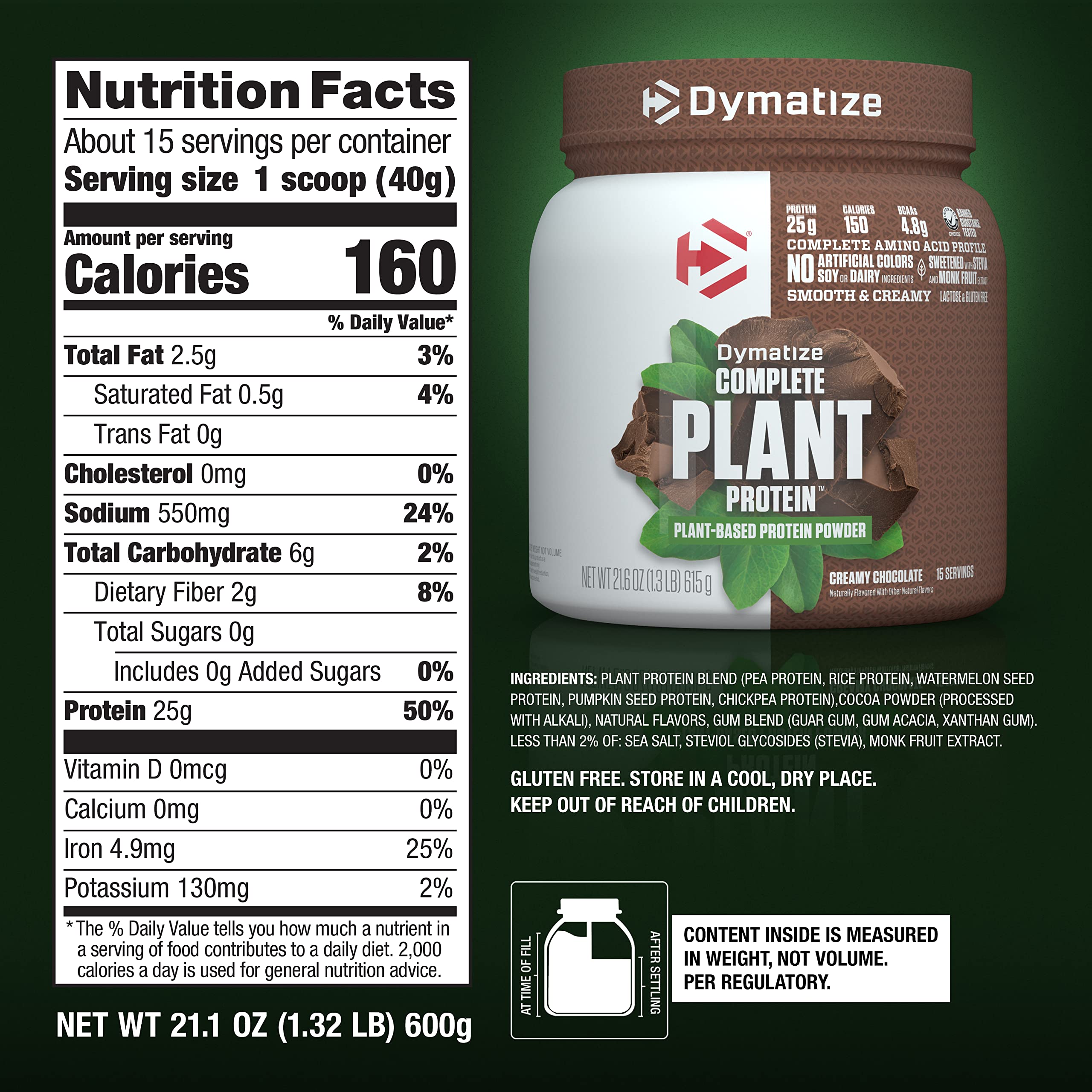 Dymatize Vegan Plant Protein, Creamy Chocolate, 25g Protein, 4.8g BCAAs, Complete Dymatize