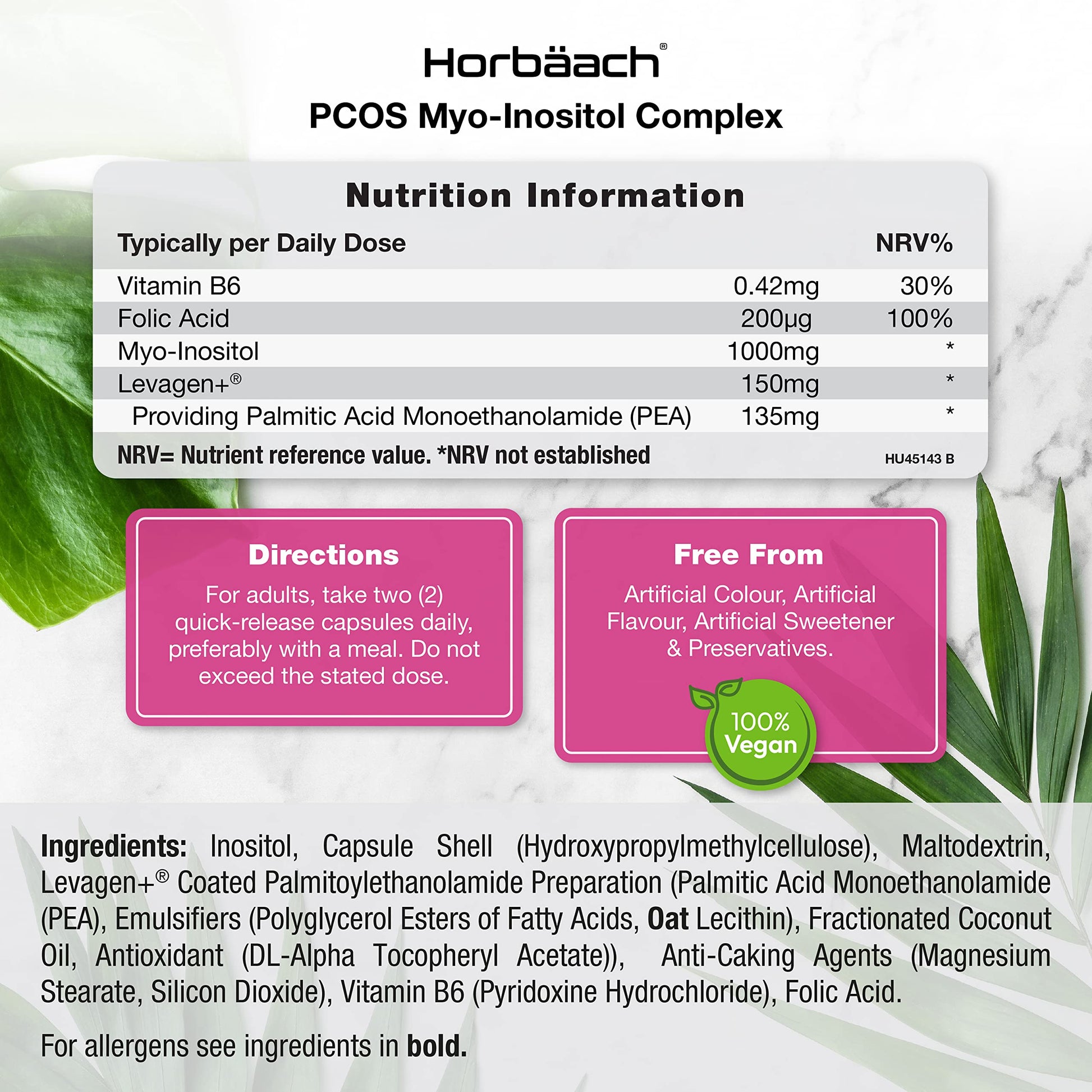 Inositol Supplement for PCOS | 120 Vegan Capsules | Myo-Inositol Complex with Folic Acid Horbäach