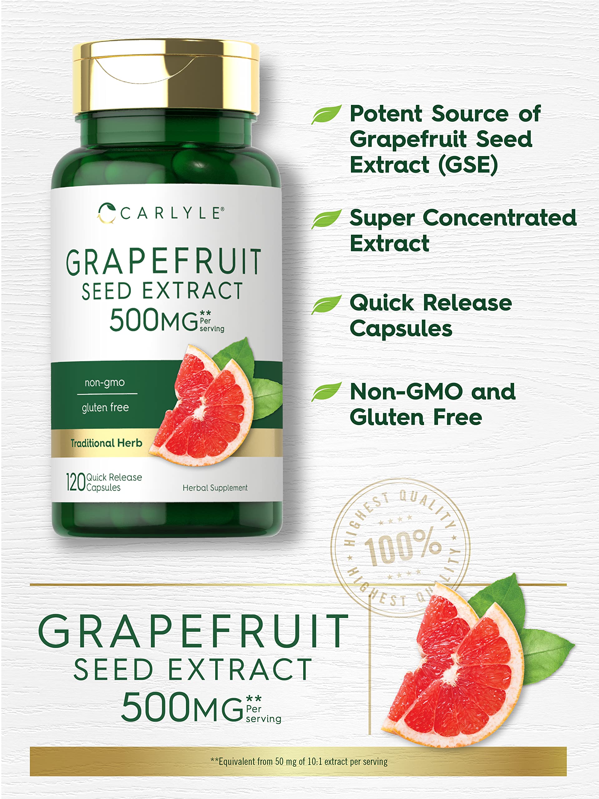 Carlyle Grapefruit Seed Extract | 500 mg 120 Capsules | Maximum Strength | Non-GMO Carlyle
