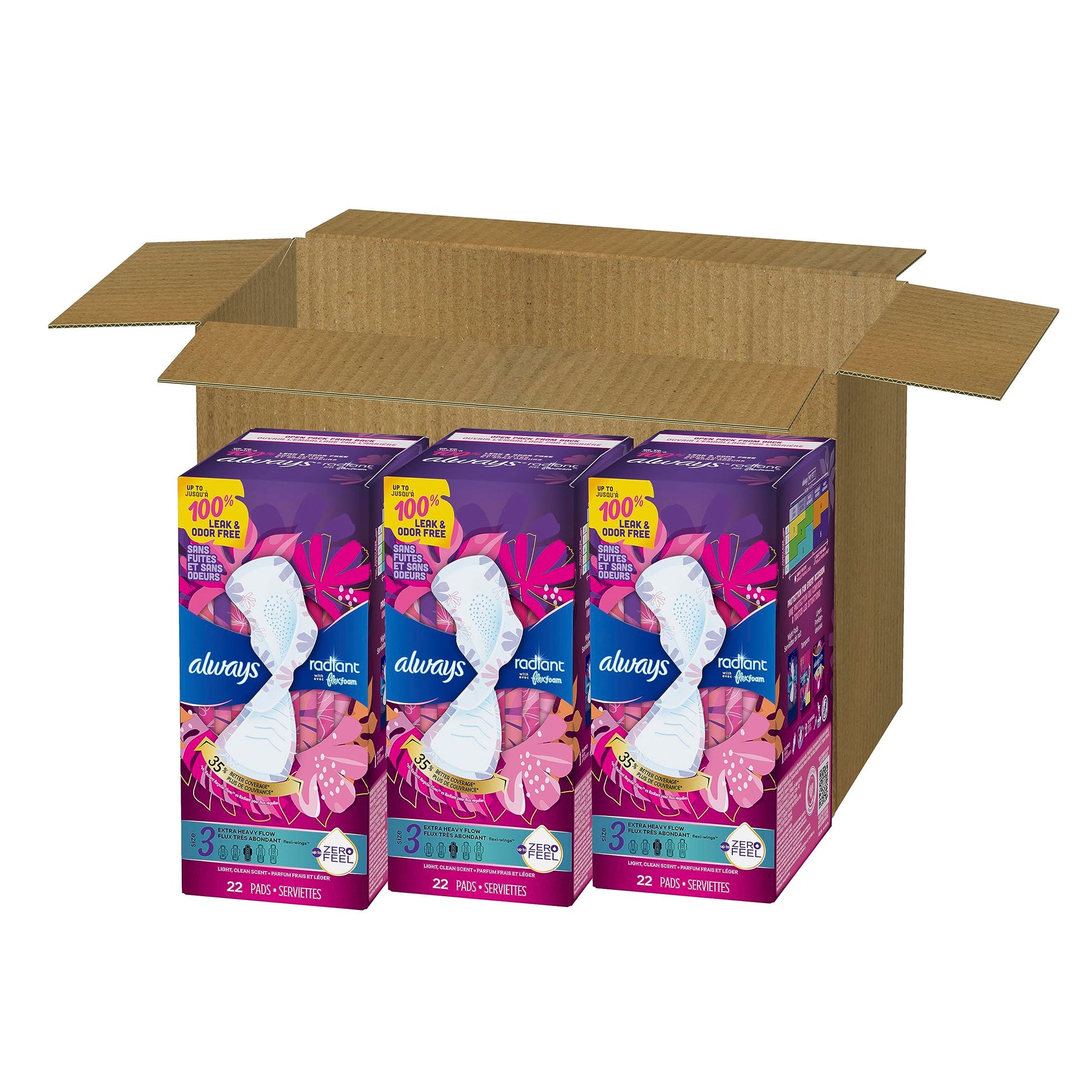 Always Radiant Feminine Pads For Women, Size 3 Extra Heavy Absorbency, With Flexfoam Always