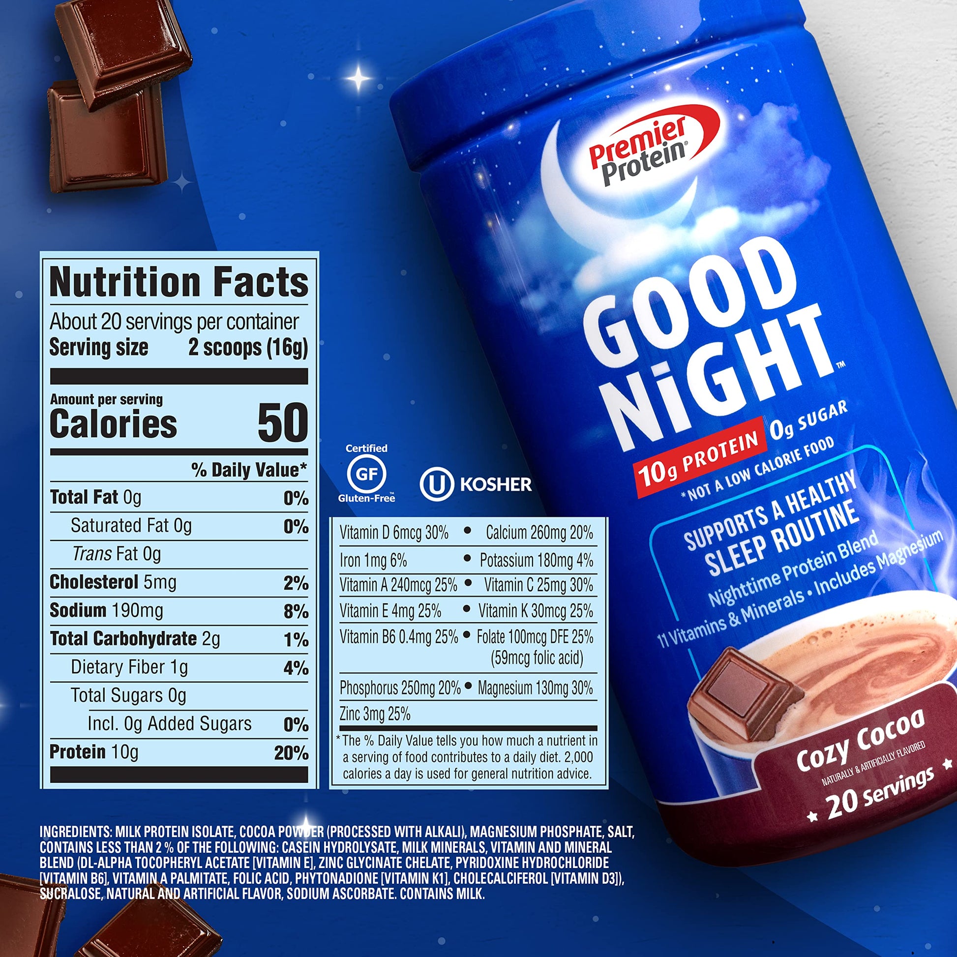 Premier Protein Good Night Protein Powder, Hot Cocoa Mix, 10g Protein, 0g Sugar Premier Protein