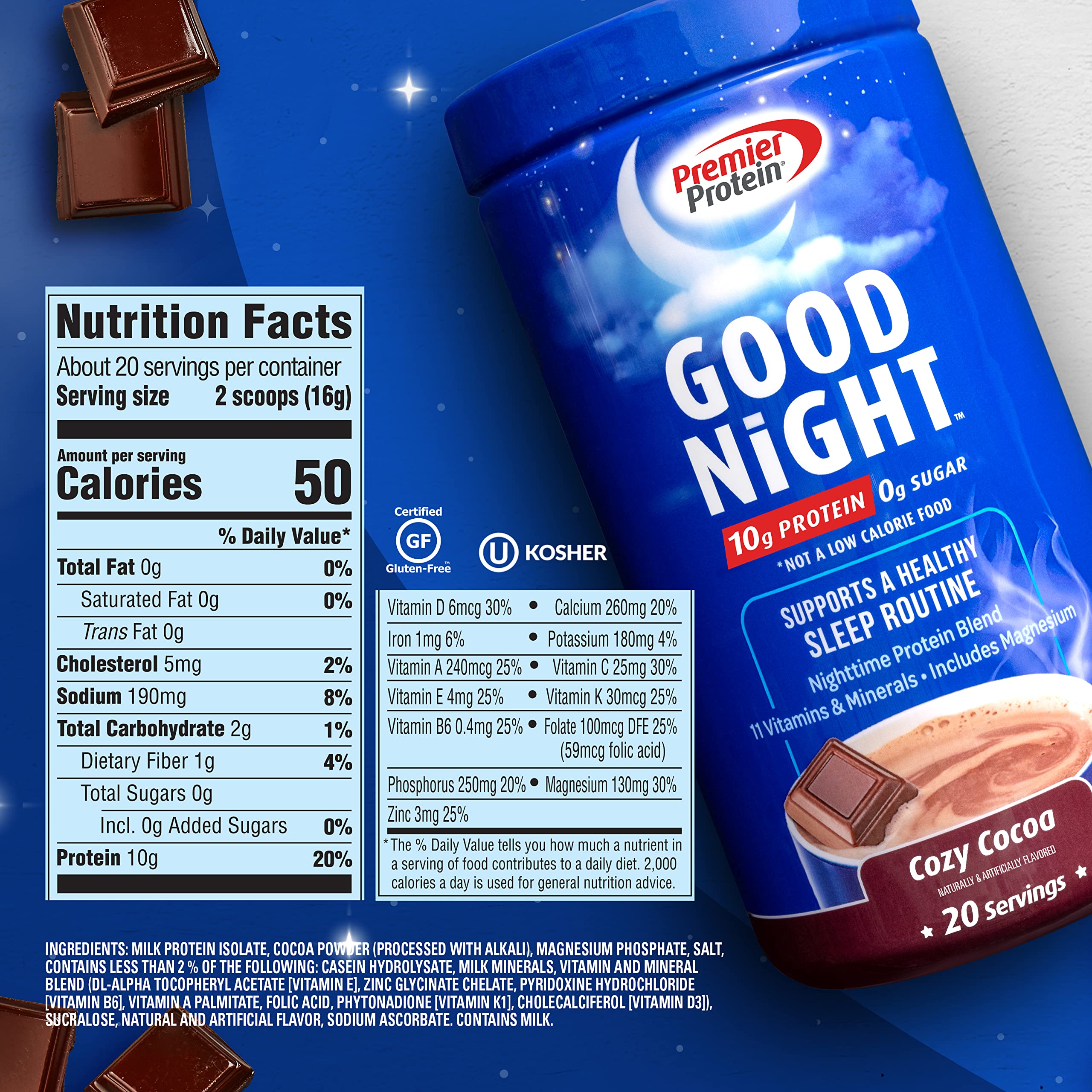 Premier Protein Good Night Protein Powder, Hot Cocoa Mix, 10g Protein, 0g Sugar Premier Protein