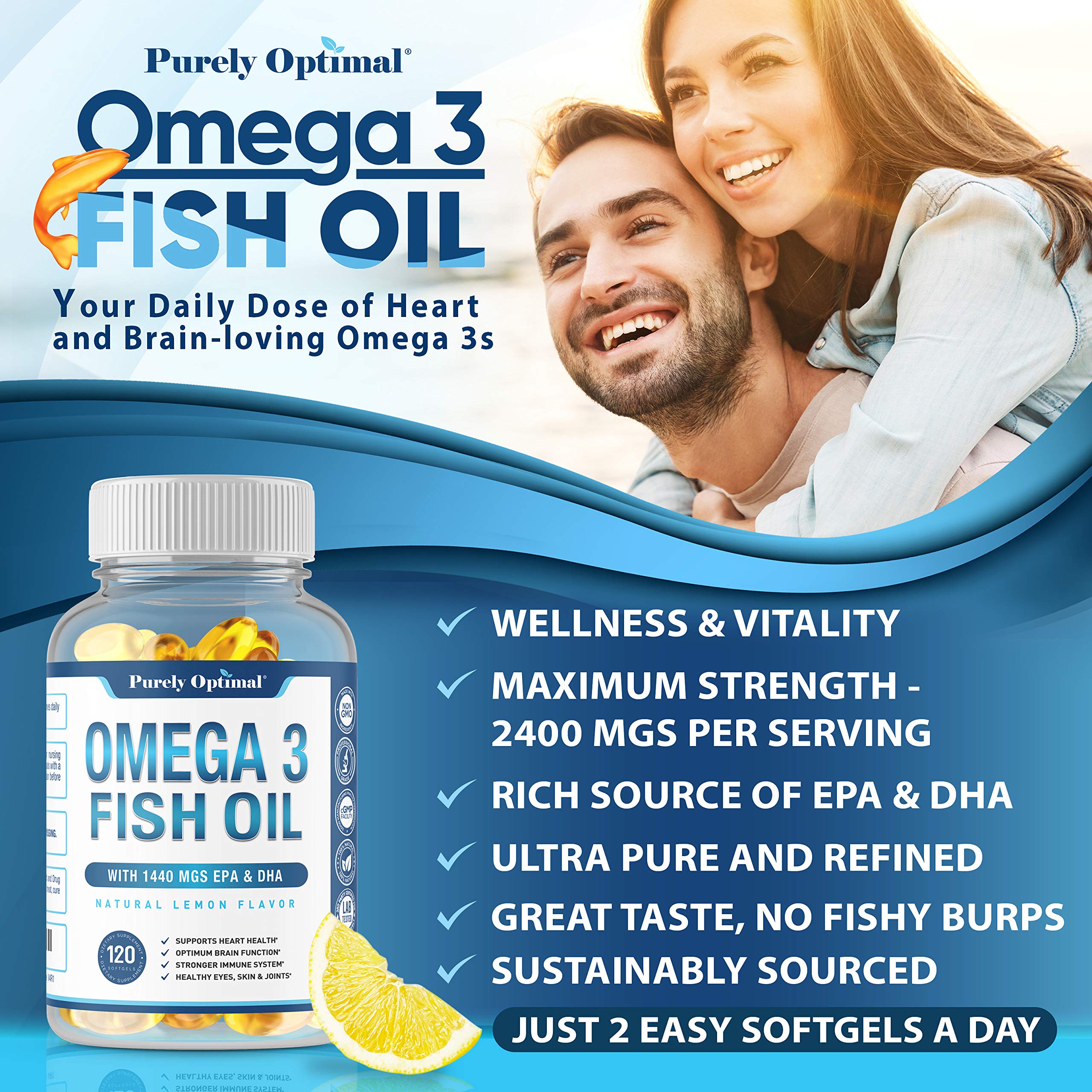Premium Omega 3 Fish Oil Supplement 2400mg - Burpless Fish Oil Omega3 Softgels Purely Optimal