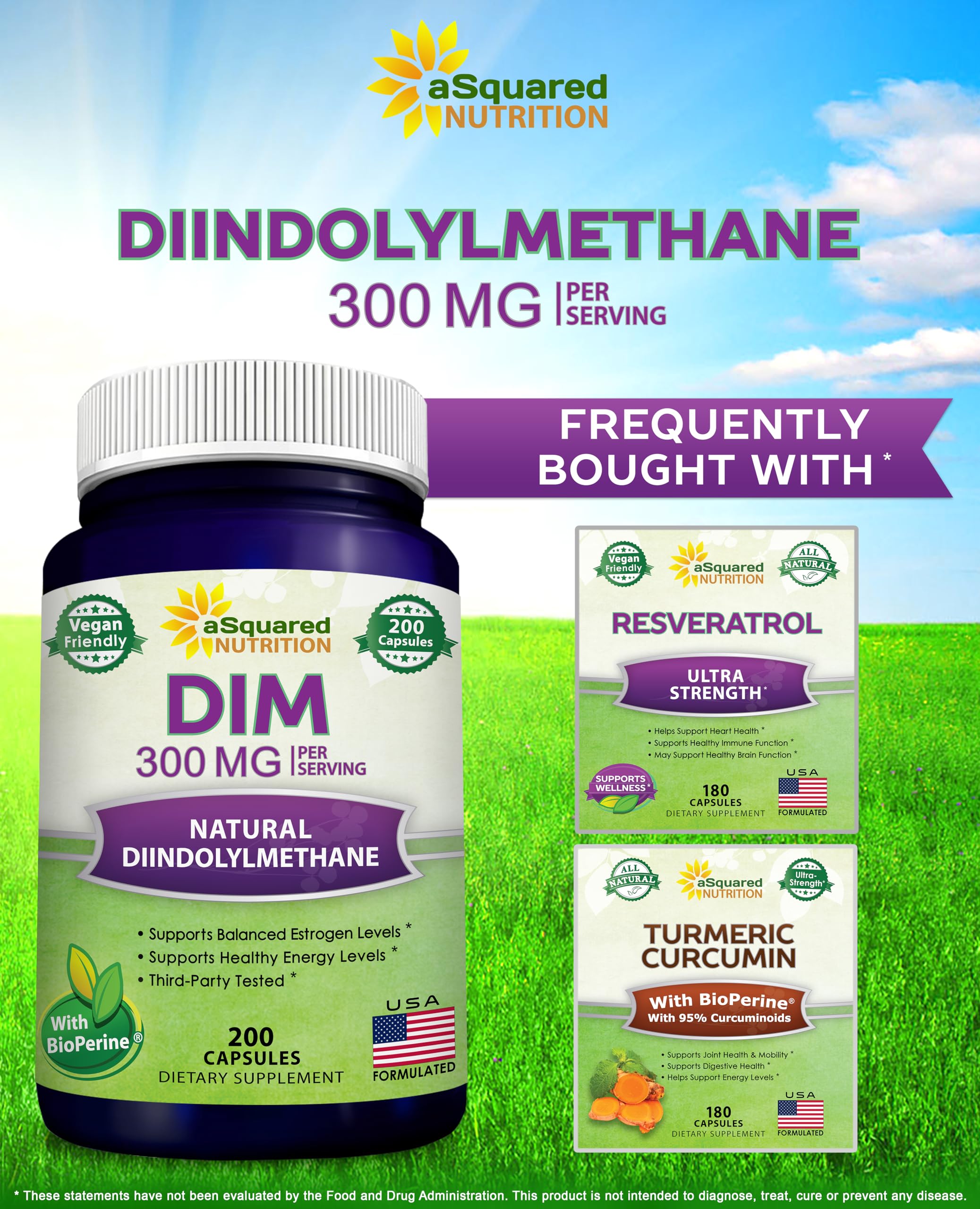 aSquared Nutrition DIM Supplement 300mg Plus BioPerine - 200 Veggie Capsules - Diindolylmethane DIM Max aSquared Nutrition