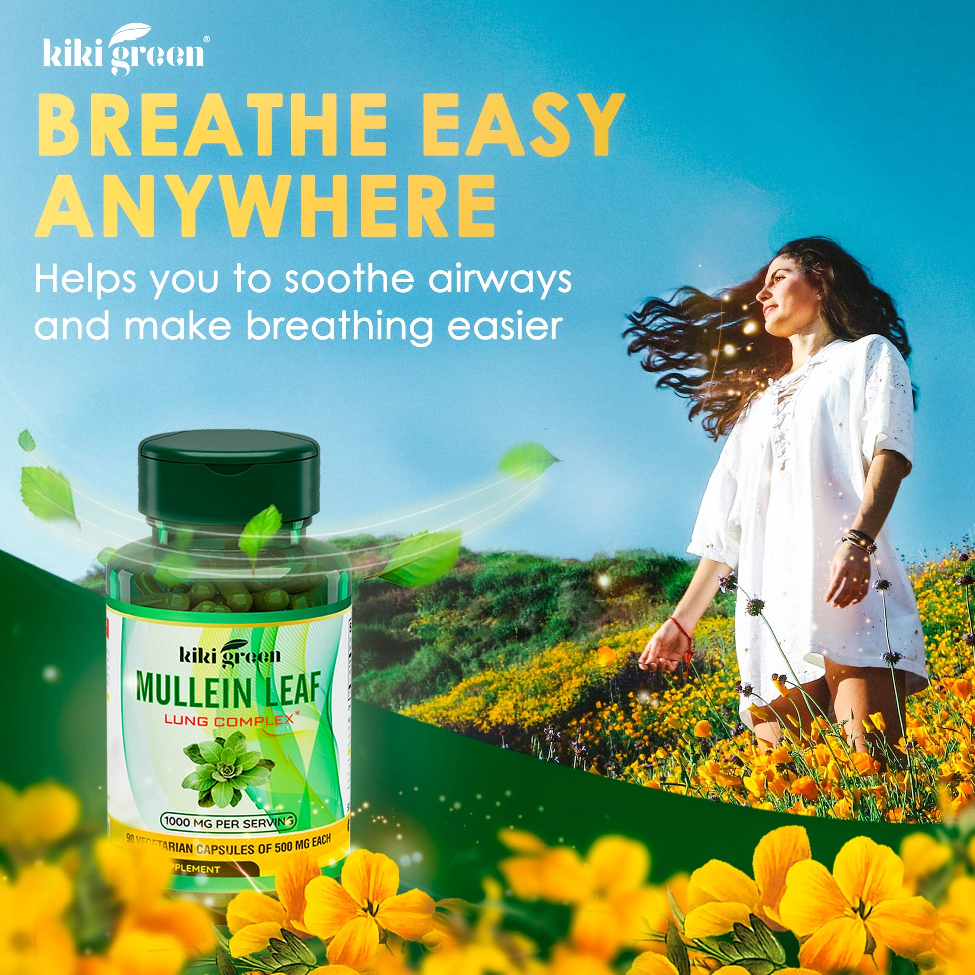 KIKI Green Mullein Leaf Extract Capsules - Herbal Respiratory Supplement - for Lung Cleans KIKI Green
