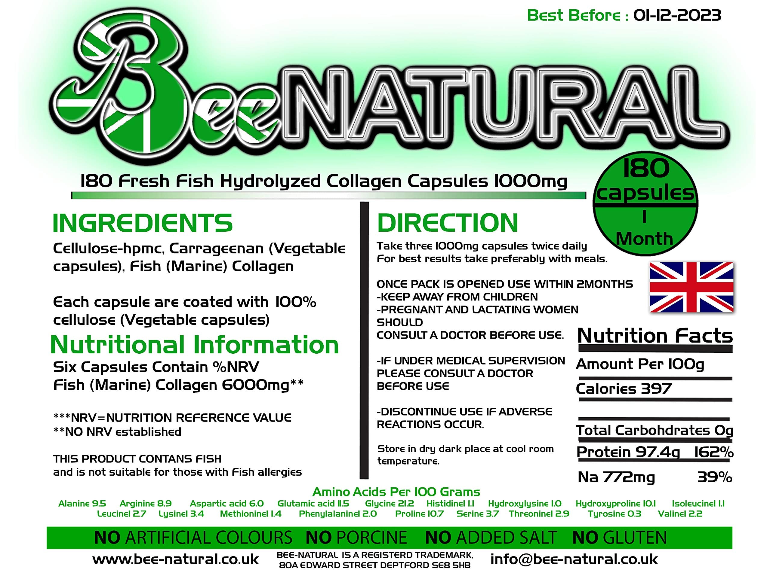 Bee-natural Pure Marine Hydrolyzed Collagen 1000mg 180 Capsules (1 Month Supply) Bee-natural