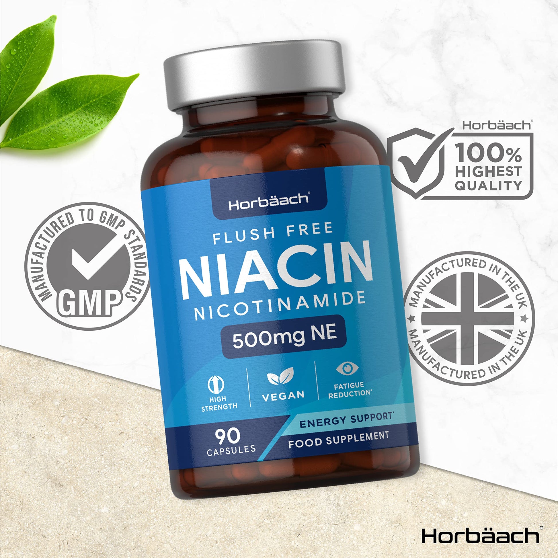 Vitamin B3 Niacin 500mg | 90 Vegan Capsules | Flush Free Nicotinamide Supplement Horbäach