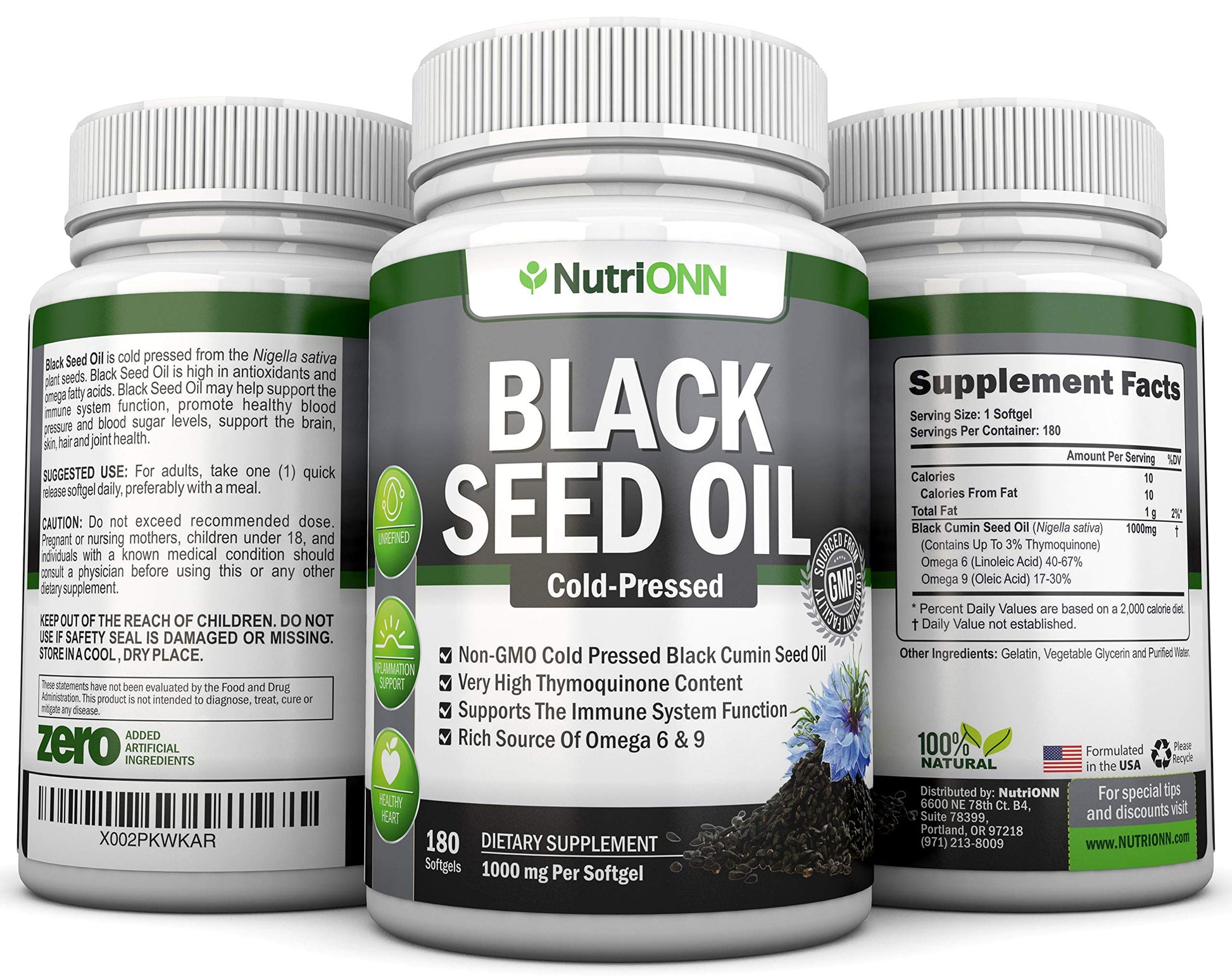 Black Seed Oil - 1000 Mg - 180 Softgels - Cold-Pressed Non-GMO Black Cumin Seed NutriONN