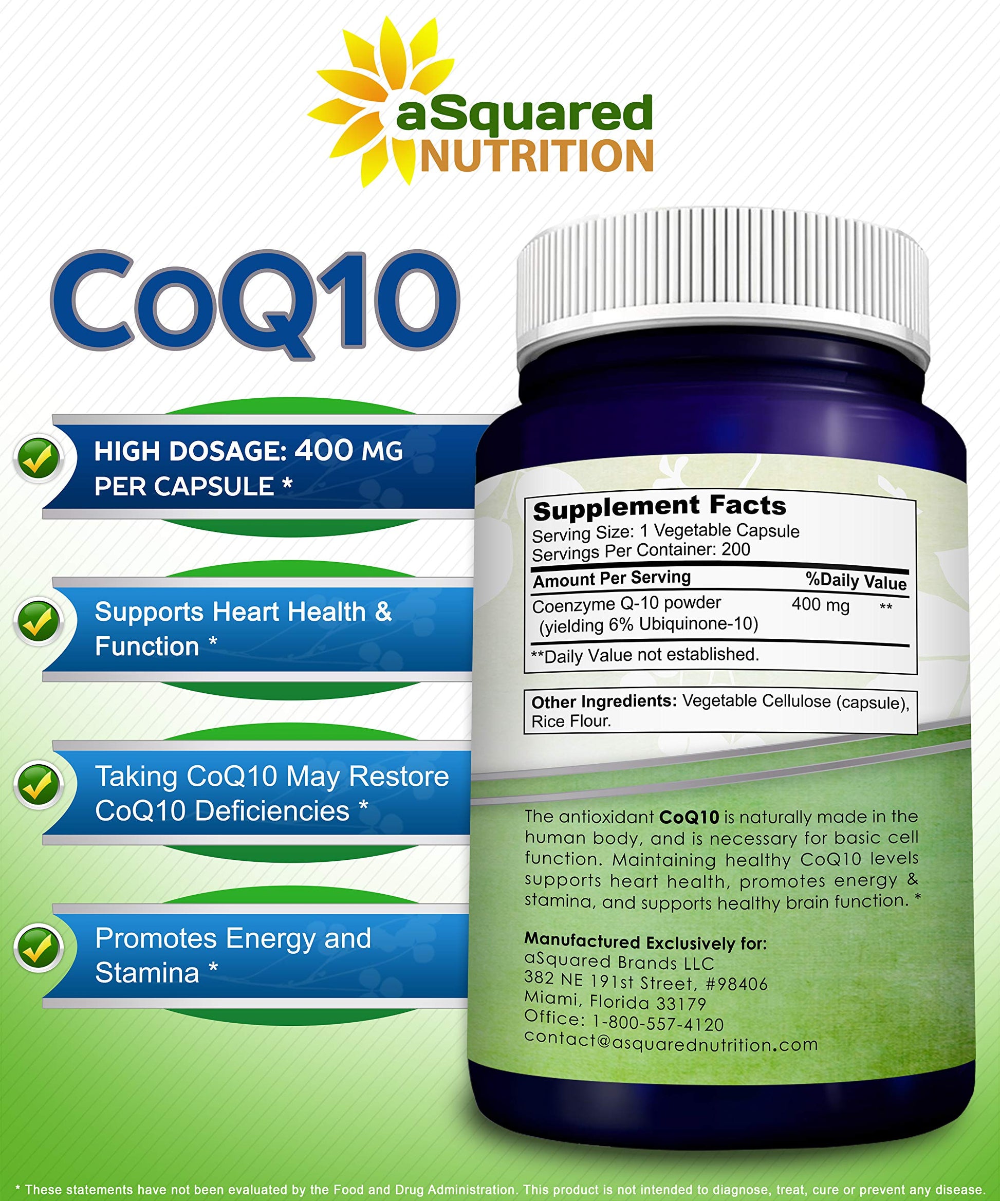 aSquared Nutrition CoQ10 (400mg Max Strength, 200 Capsules) - High Absorption Vegan aSquared Nutrition