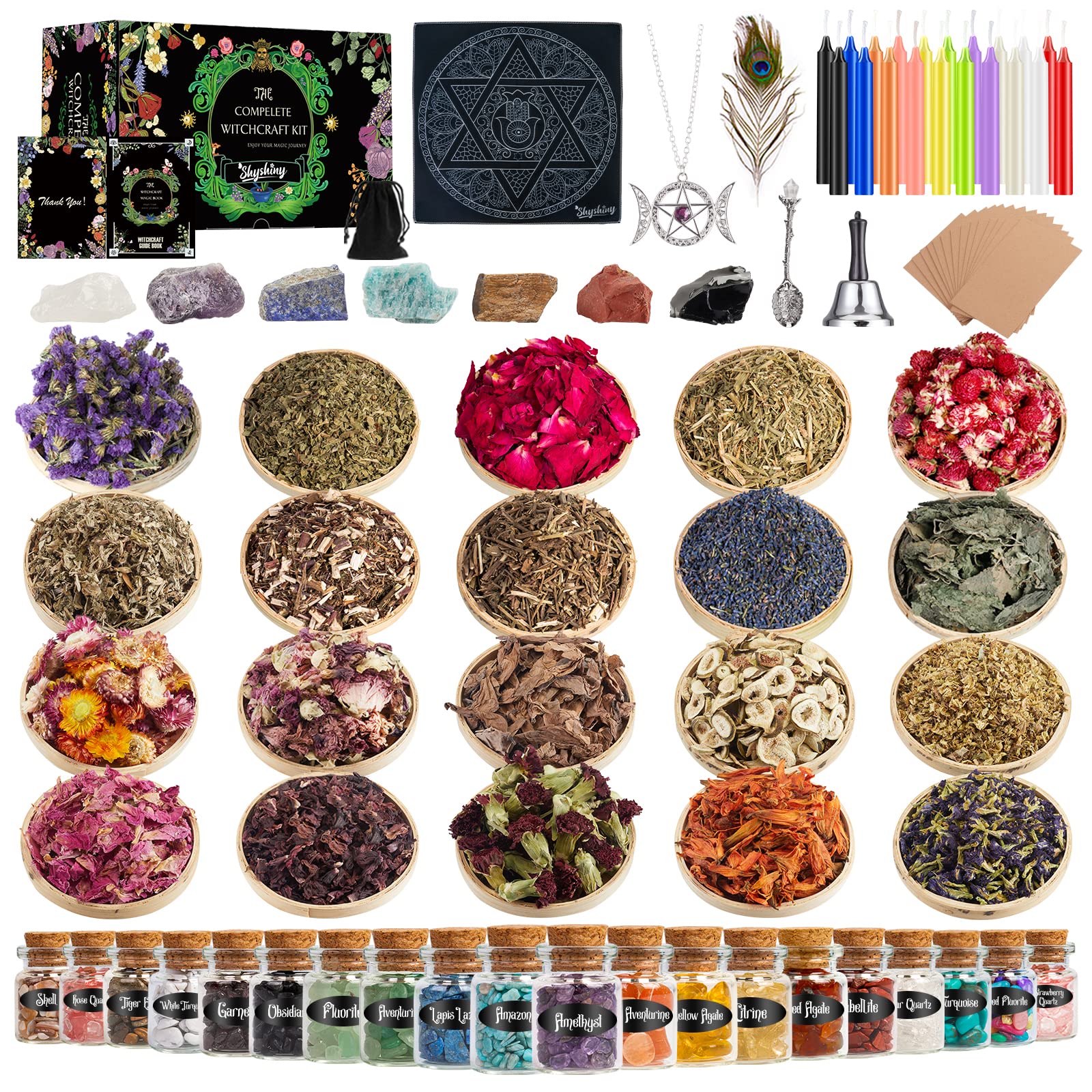 SHYSHINY Witchcraft Supplies Kit for Wiccan Spells, 95 Pack of 7 Chakra Stones, Crystals, Dried Herbs