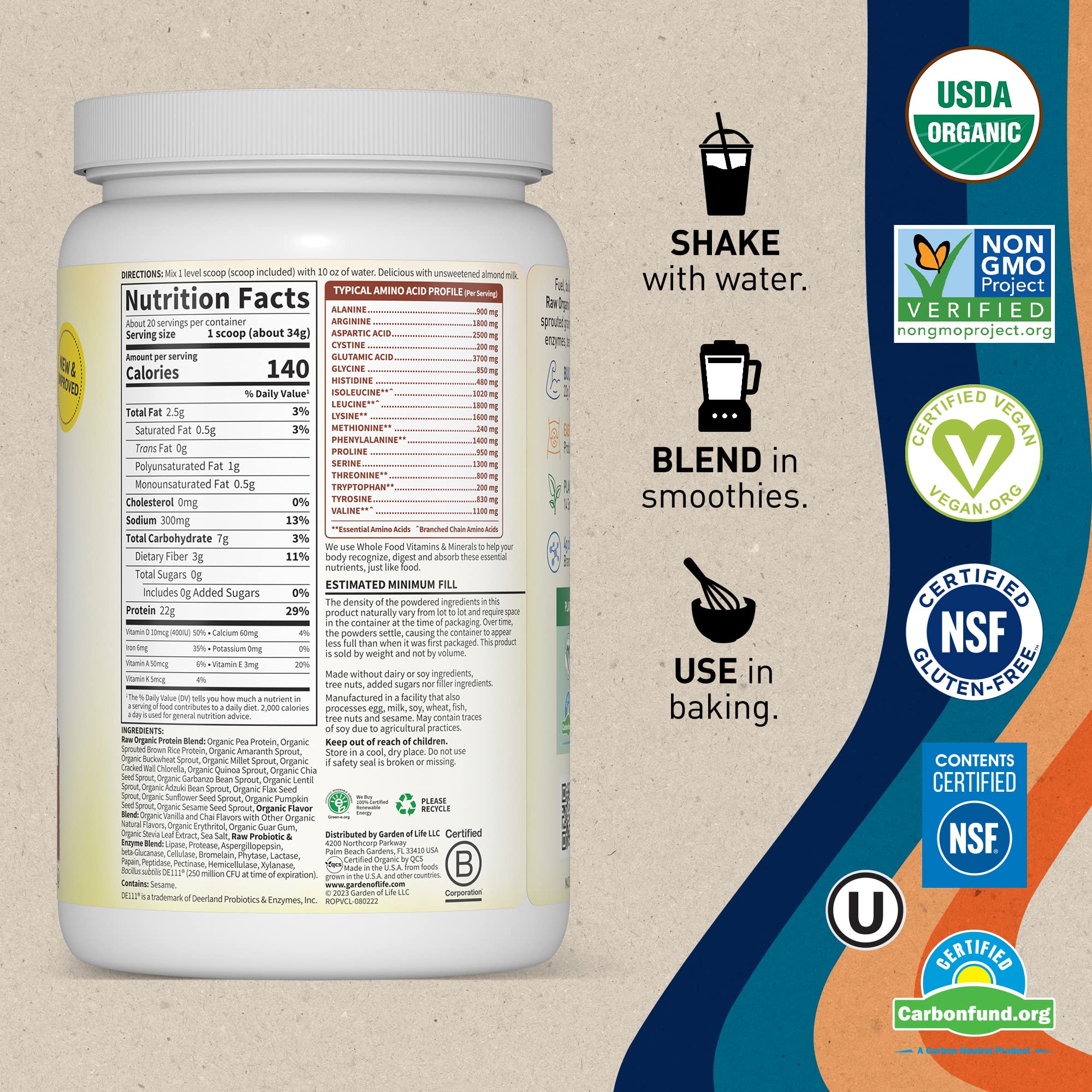 Garden of Life, Organic Vegan Vanilla Chai Protein Powder -22g Complete Plant Based Raw Garden of Life