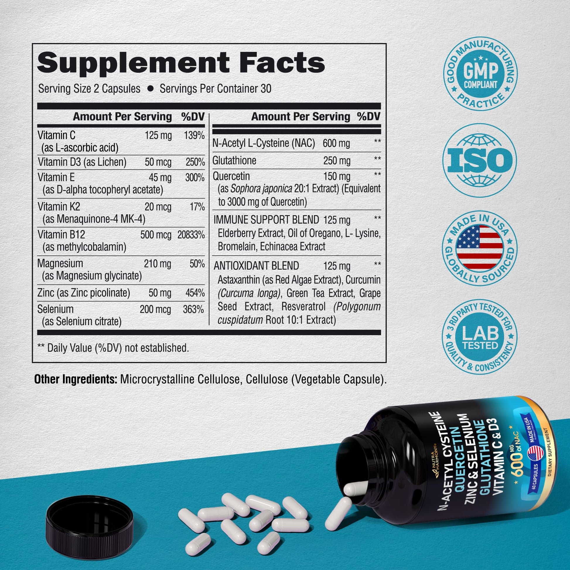 NAC 600 mg Supplement | Quercetin | Zinc | Glutathione | Selenium | Vitamin C & D3 NUTRAHARMONY
