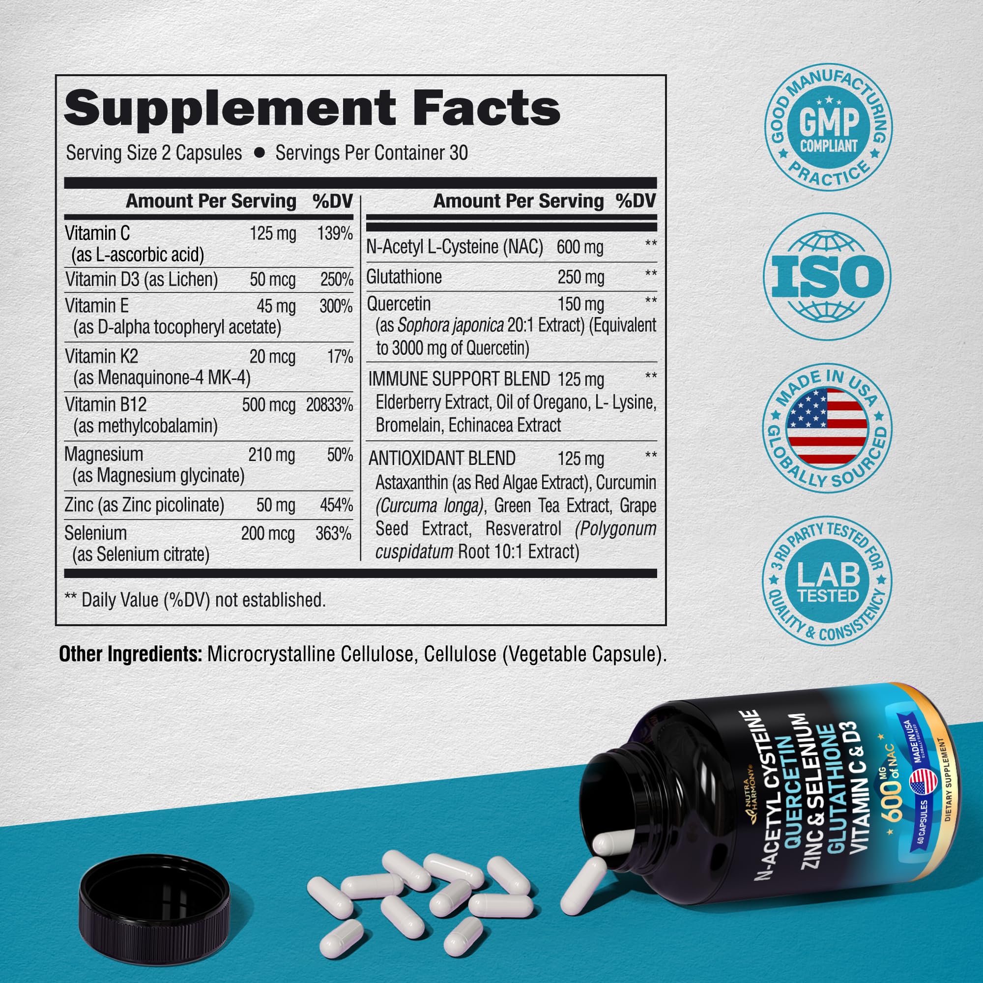 NAC 600 mg Supplement | Quercetin | Zinc | Glutathione | Selenium | Vitamin C & D3 NUTRAHARMONY