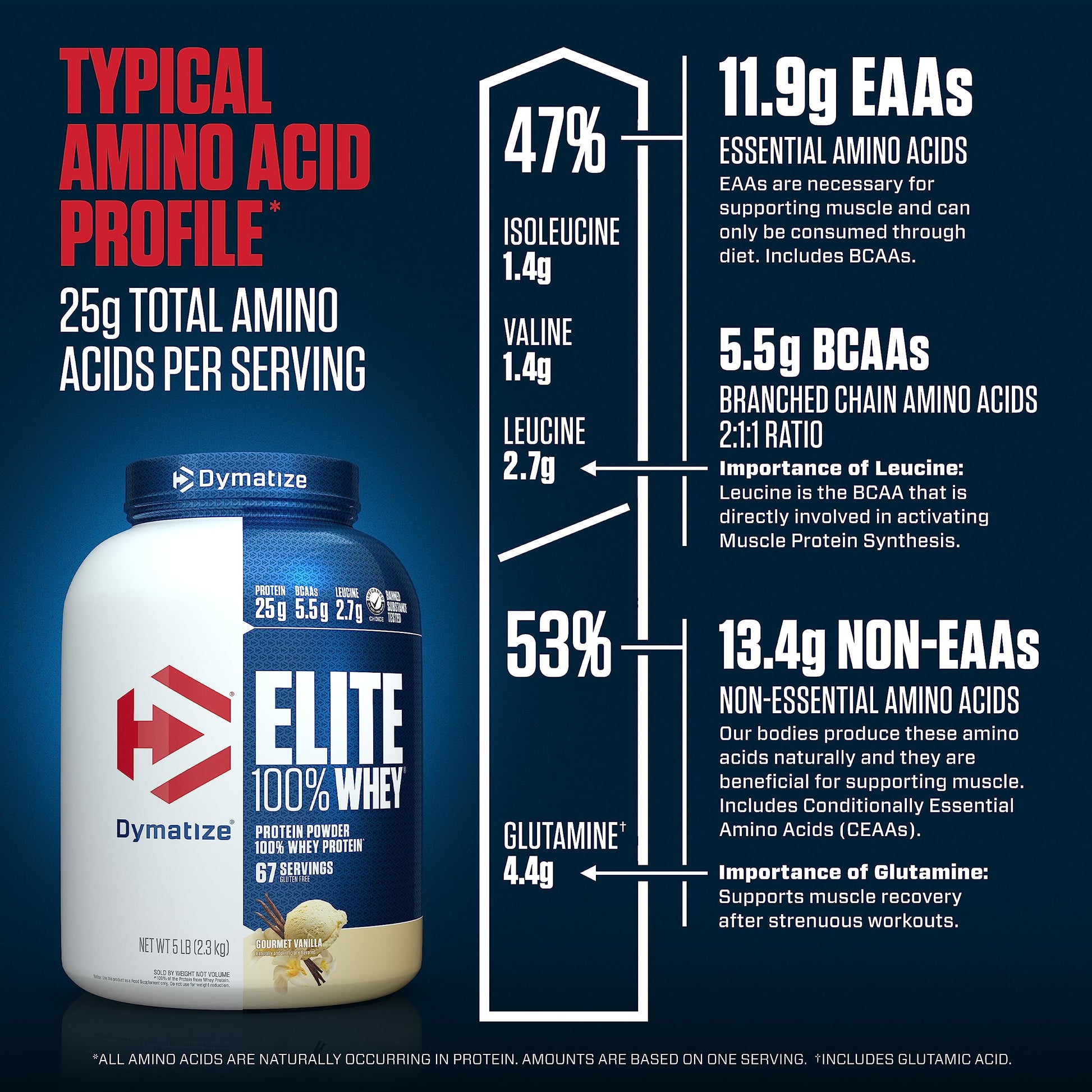 Dymatize Elite 100% Whey Protein Powder, 25g Protein, 5.5g BCAAs & 2.7g L-Leucine Dymatize