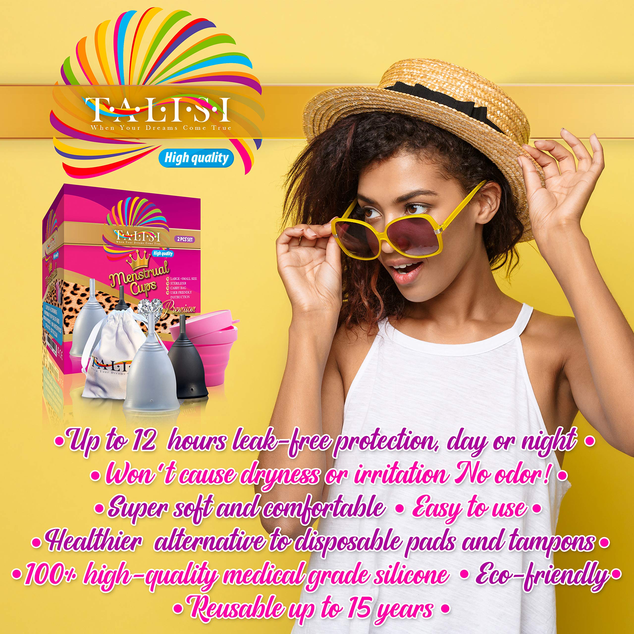 Talisi Soft Menstrual Cups Set of 2 - Reusable Period Cup for Women with Collapsible Case Holder Sterilizer TALISI WHEN YOUR DREAMS COME TRUE