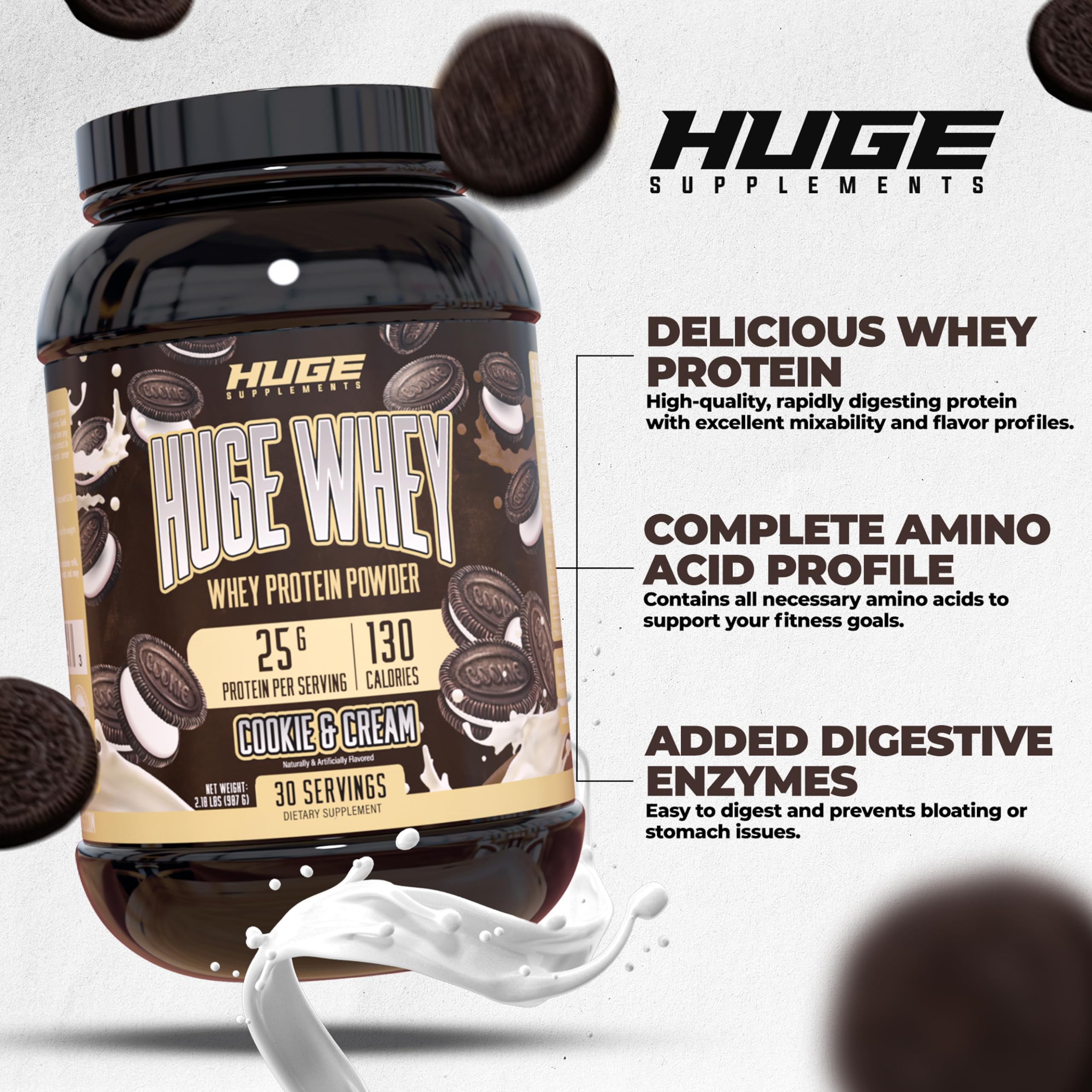 Huge Supplements Whey Protein Concentrate Powder, 25g Protein Per Serving, 5g BCAA Huge Supplements