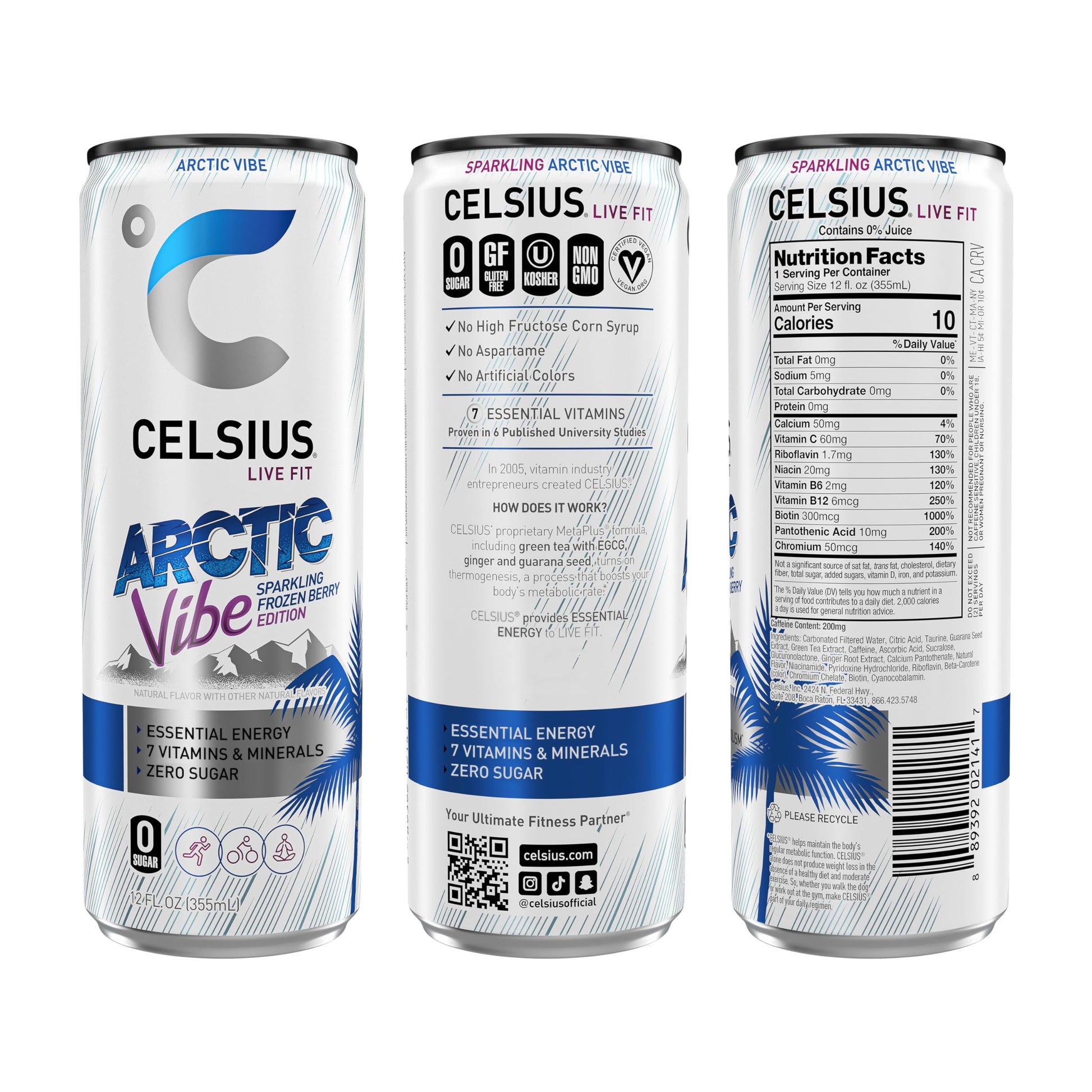 CELSIUS Arctic Vibe Sparkling Frozen Berry, Functional Essential Energy Drink, 12 Fl Oz CELSIUS
