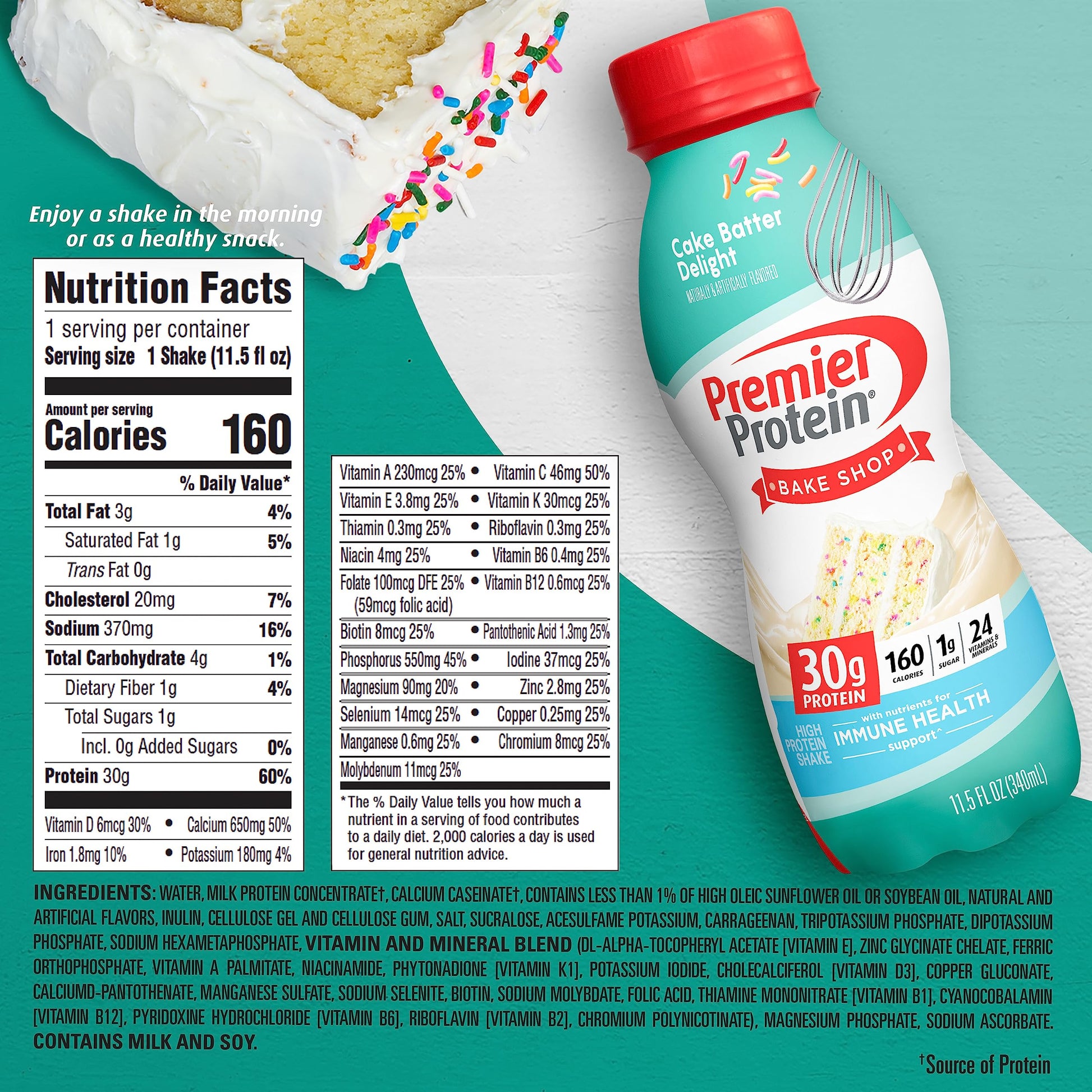 Premier Protein Shake, Cake Batter, 30g Protein, 1g Sugar, 24 Vitamins & Minerals Premier Protein