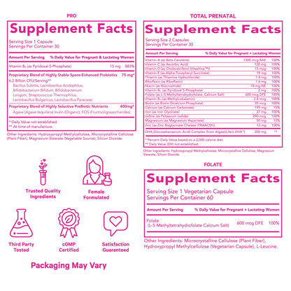 Pink Stork Ultimate Prenatal Vitamin Trio: Total Prenatal + Pro + Folate, Pregnancy Probiotic for Women