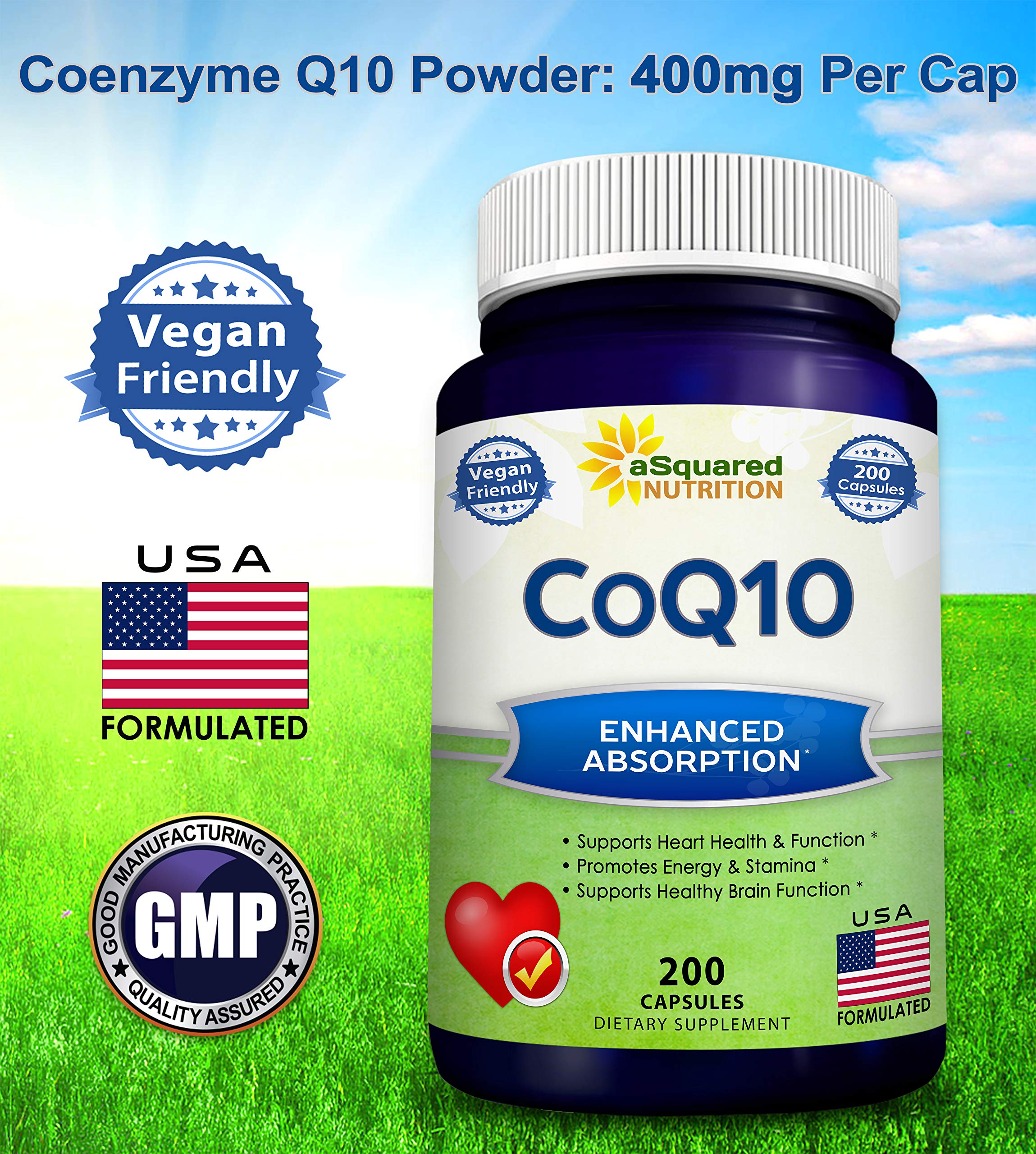 aSquared Nutrition CoQ10 (400mg Max Strength, 200 Capsules) - High Absorption Vegan aSquared Nutrition