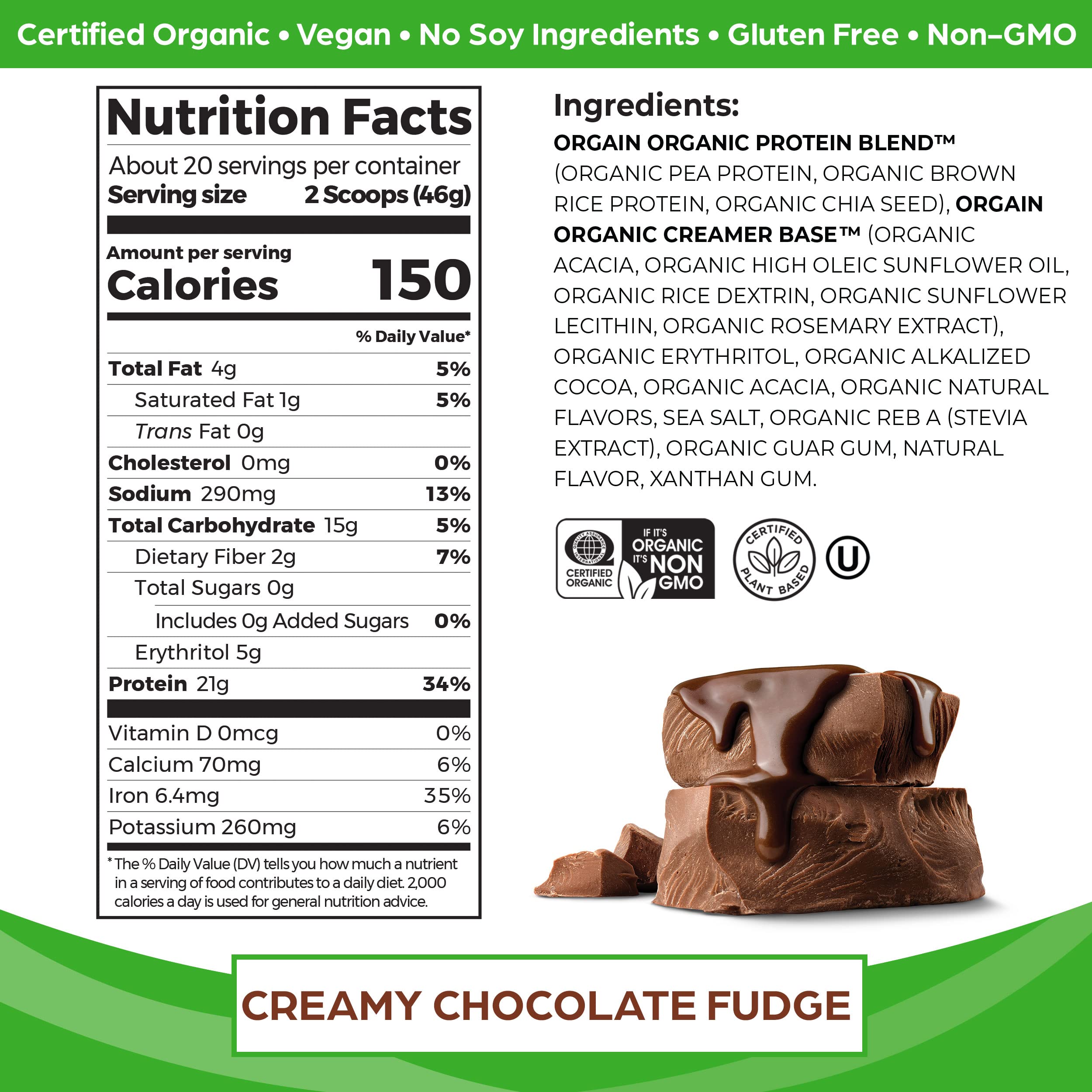 Orgain Organic Vegan Protein Powder, Creamy Chocolate Fudge - 21g Plant Based Protein Orgain